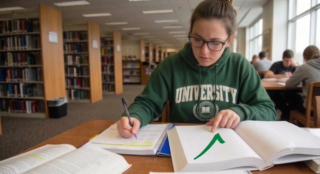 College student wearing a green university hoodie studies in a library, writing notes in a planner while reading an open textbook at a study table.