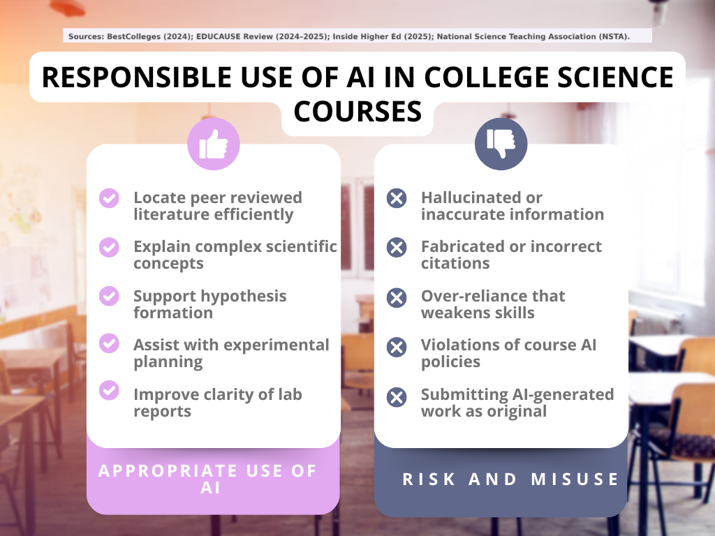 alt="Category chart titled 'AI Tools Used by Science Students' showing usage distribution across Large Language Models at 40%, AI-Powered Study Apps at 25%, AI Tutoring Platforms at 18%, Citation and Research Tools at 10%, and Data Analysis Tools at 7%. Each category is represented proportionally by percentage share."