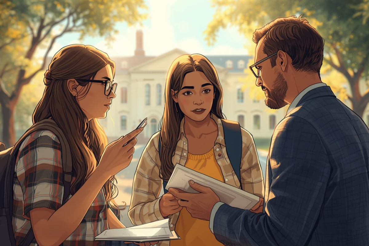 A vibrant digital illustration of two female students speaking with a male professor or administrator outdoors on a sunlit campus. One student on the left, wearing glasses and a plaid shirt, holds a smartphone and a notebook. The central student, wearing a yellow top and an unbuttoned flannel, holds a stack of papers and looks toward the professor. The professor, a man with a beard and glasses wearing a blue blazer, appears to be explaining something while gesturing toward the documents. In the background, a large, classical white academic building is visible behind green trees, all bathed in the warm glow of late afternoon sun.