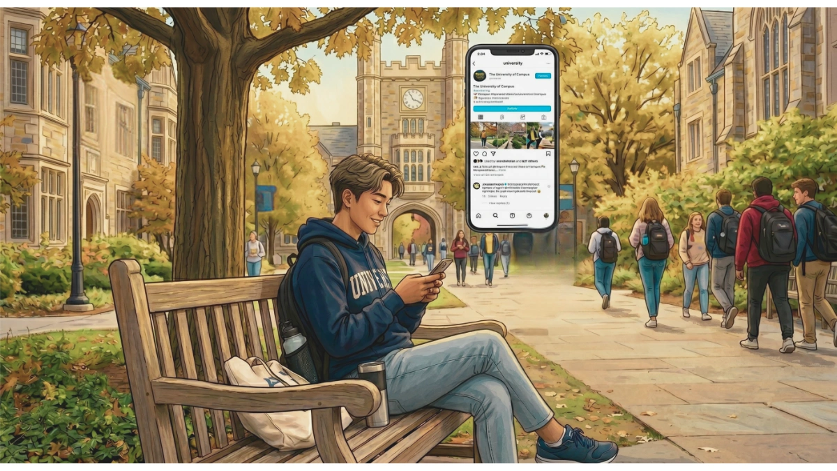 The image depicts a high-quality, illustrative representation of a modern university campus experience integrated with digital engagement.