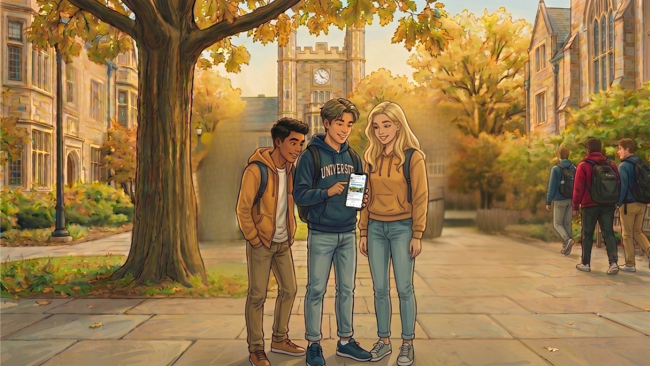 An stylized, illustrated scene of an autumn university campus with historic stone buildings and a large tree with golden leaves. In the foreground, three diverse students stand together on a stone pathway. A male student in a blue "UNIVERSITY" hoodie holds up a smartphone, pointing at the screen to show something to a male student in a yellow hoodie and a female student in an orange hoodie. Other students walk in the background under the golden tree canopy.