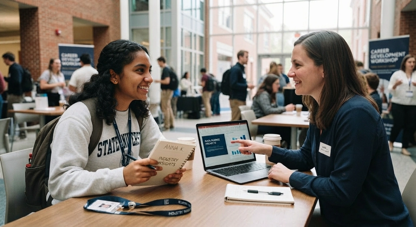 A young female student smiling and talking with a recruiter across a wooden table at a career workshop event. The student holds a small notebook titled "Industry Insights," while the recruiter points toward an open laptop displaying charts and graphs. Other attendees and tables are visible in the background of a brightly lit, modern hall.