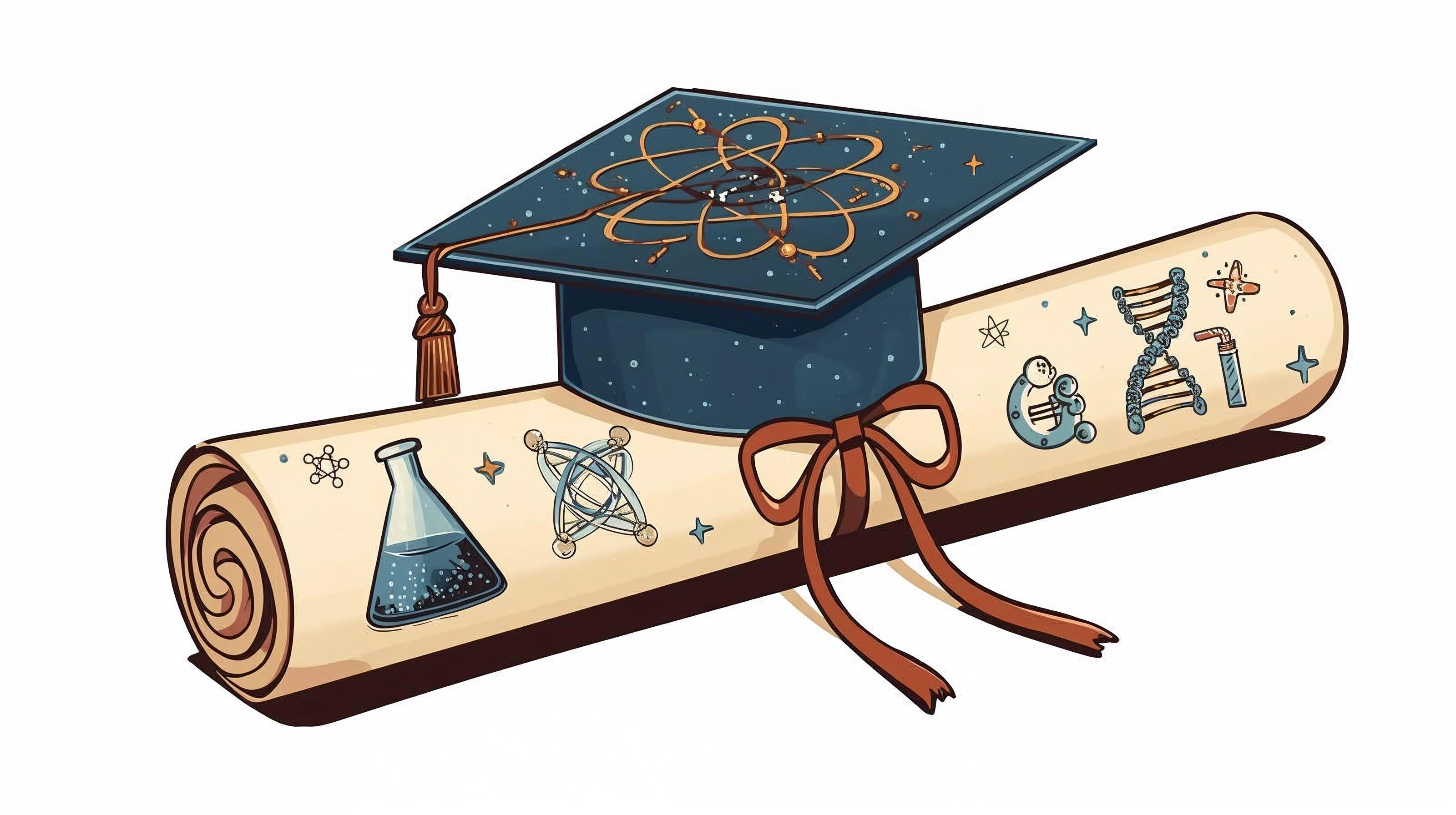 An illustration featuring a dark blue graduation cap with a gold tassel resting atop a rolled cream-colored diploma. The diploma is tied with a reddish-brown ribbon and is decorated with various scientific icons, including a beaker filled with blue liquid, an atomic model, a DNA double helix, and celestial stars. The top of the mortarboard also displays an intricate gold atomic orbit design against a starry background. The entire image is set against a plain white background.