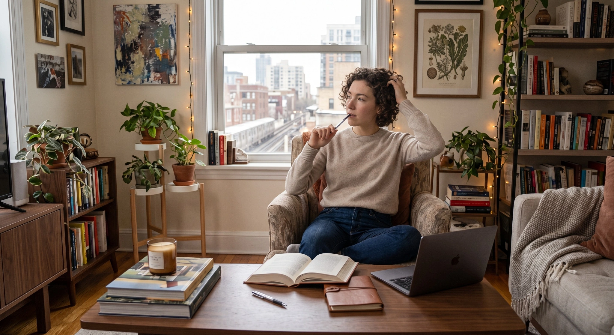 A woman with curly hair sitting cross-legged in an armchair, holding a pen near her chin while looking pensively out a large window. In front of her on a wooden coffee table sits an open book, a leather journal, a laptop, and a lit candle on a stack of books. The apartment room is decorated with houseplants, framed art, string lights, and filled bookshelves.