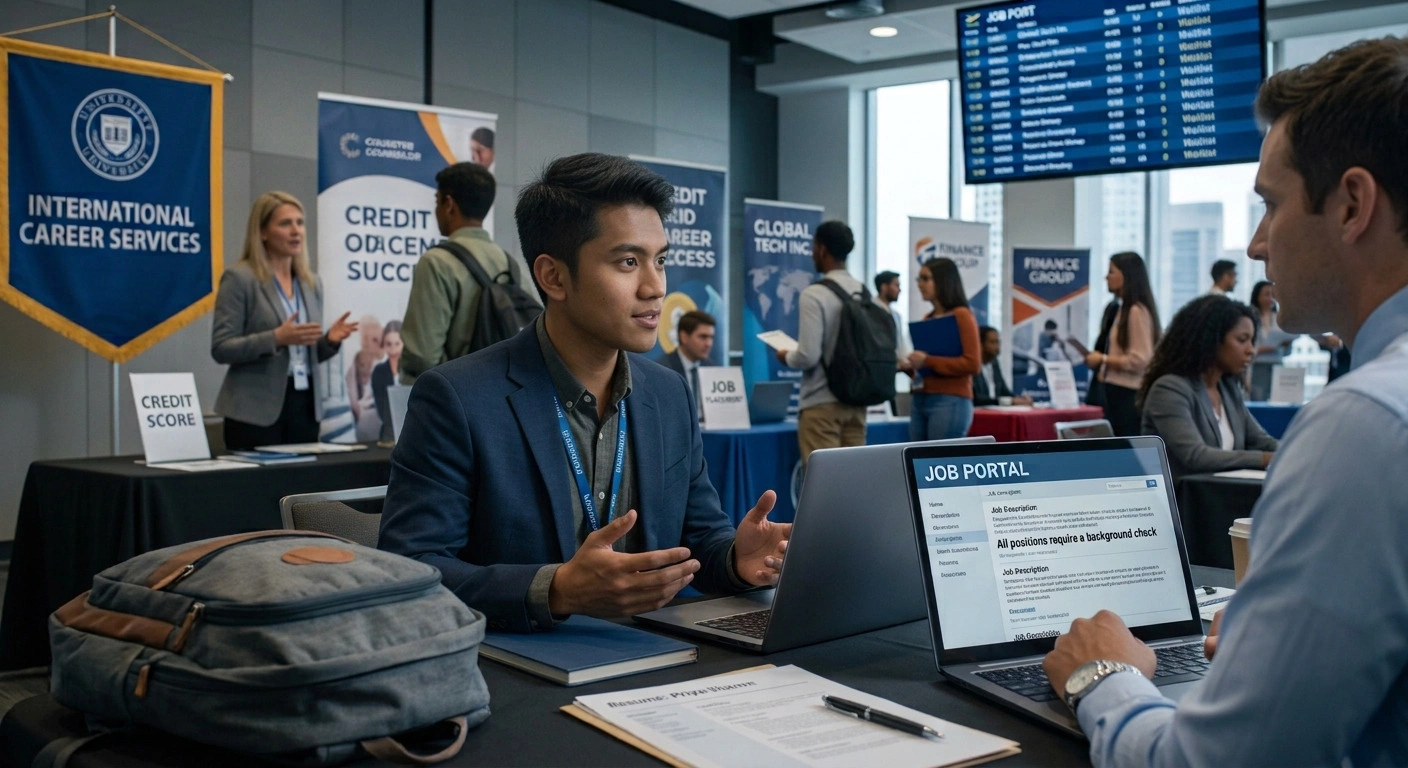 International student speaking with a recruiter at a university career fair featuring job portals and career services.