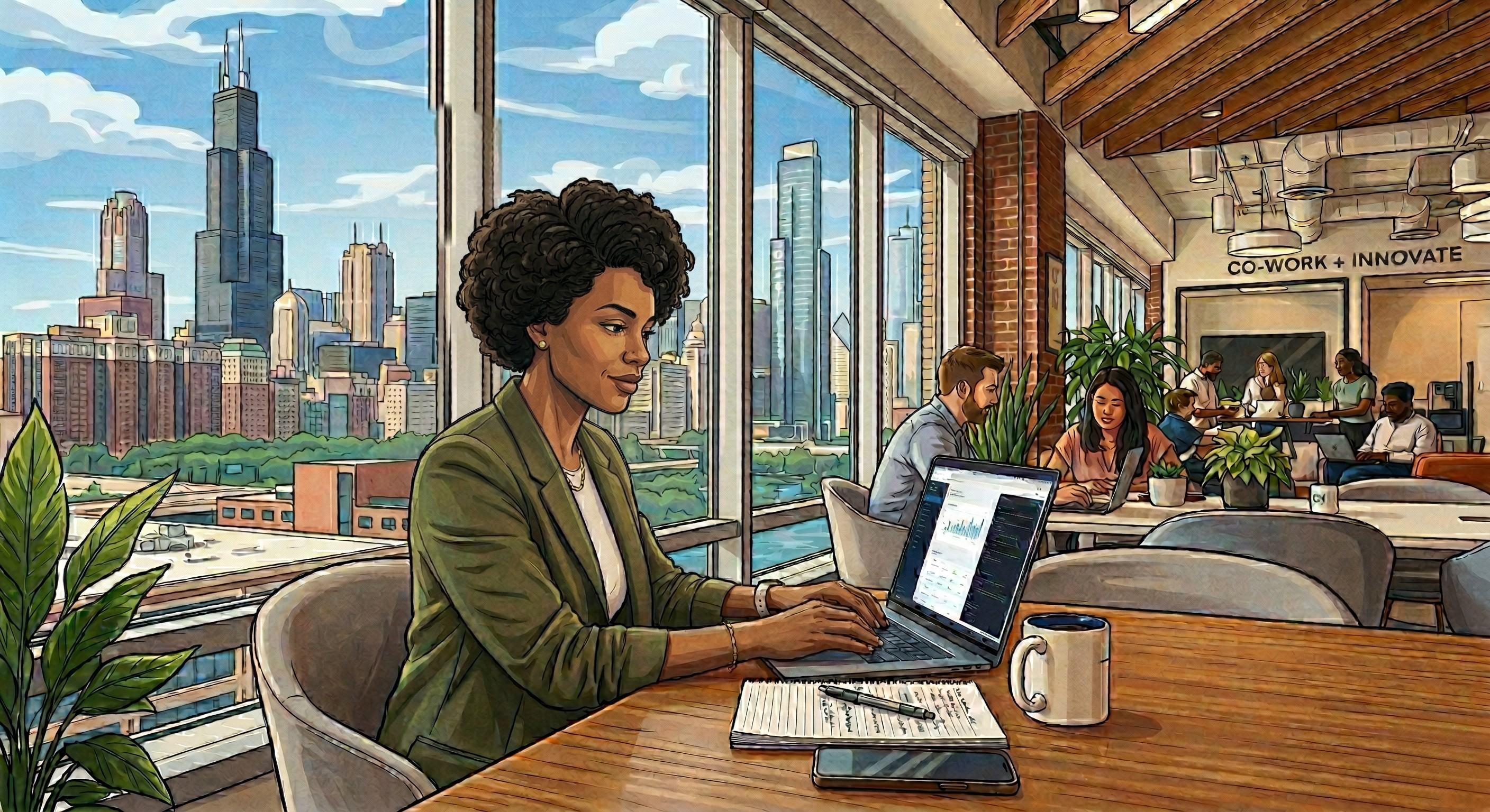An illustrated, wide-angle view of a modern co-working space overlooking a major city skyline. In the foreground, a Black woman with short, curly hair and a green blazer sits at a wooden table, working on a laptop. Her screen displays a dashboard with various data charts and graphs. Next to her laptop is a notebook, a pen, a smartphone, and a white coffee mug.