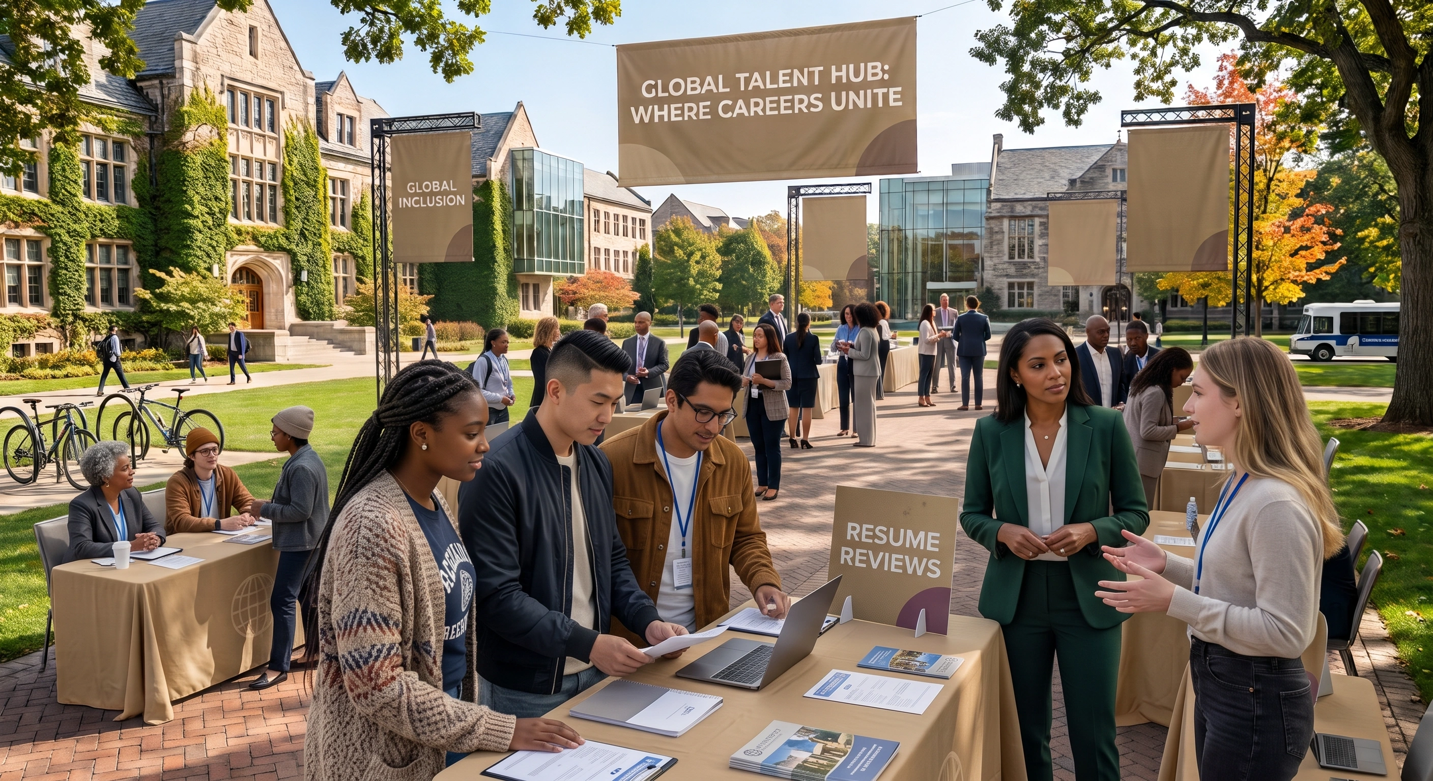 A sunny outdoor career fair set on a collegiate campus with stone buildings and trees. Students gather around tables with laptops and documents to speak with recruiters. An overhead banner reads "GLOBAL TALENT HUB: WHERE CAREERS UNITE," and another banner displays "GLOBAL INCLUSION." In the foreground, a student speaks with a recruiter next to a table sign reading "RESUME REVIEWS."