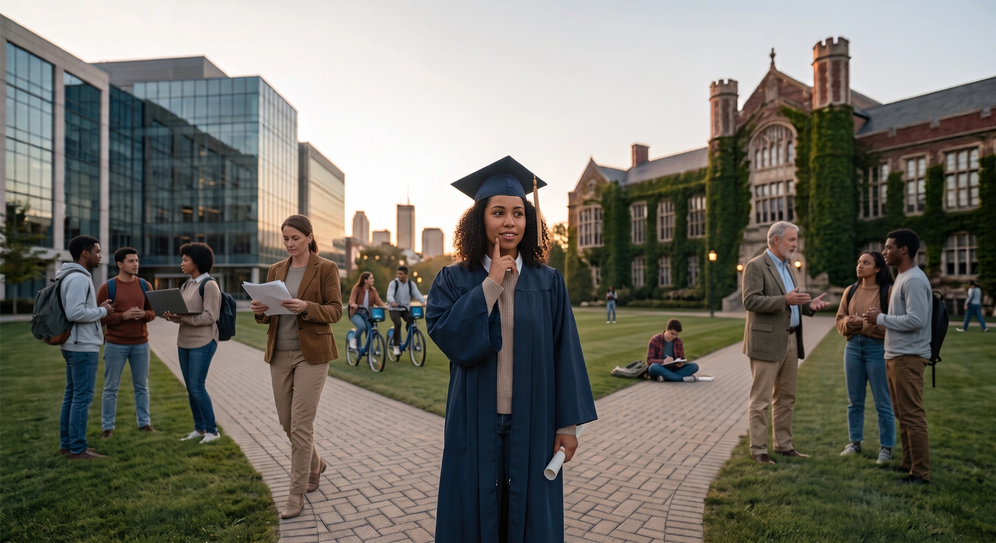 A woman in a navy blue graduation cap and gown stands on a brick pathway at the center of a university campus, holding a rolled diploma and placing a finger on her chin with a thoughtful expression. Around her, other students talk on the lawn, walk between modern glass and classic brick campus buildings, and ride bicycles during a warm sunset.