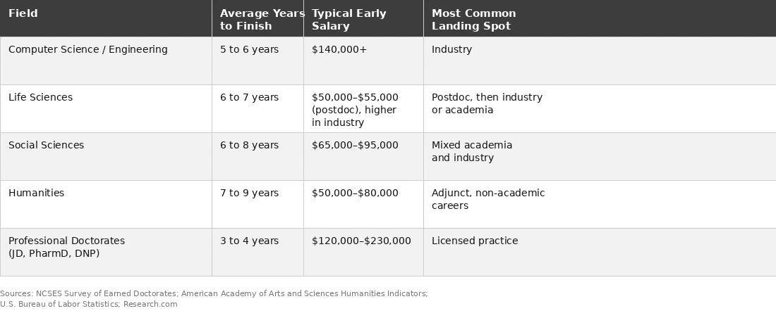 A table listing average completion time, early salary ranges, and common job placement locations across five academic and professional fields.