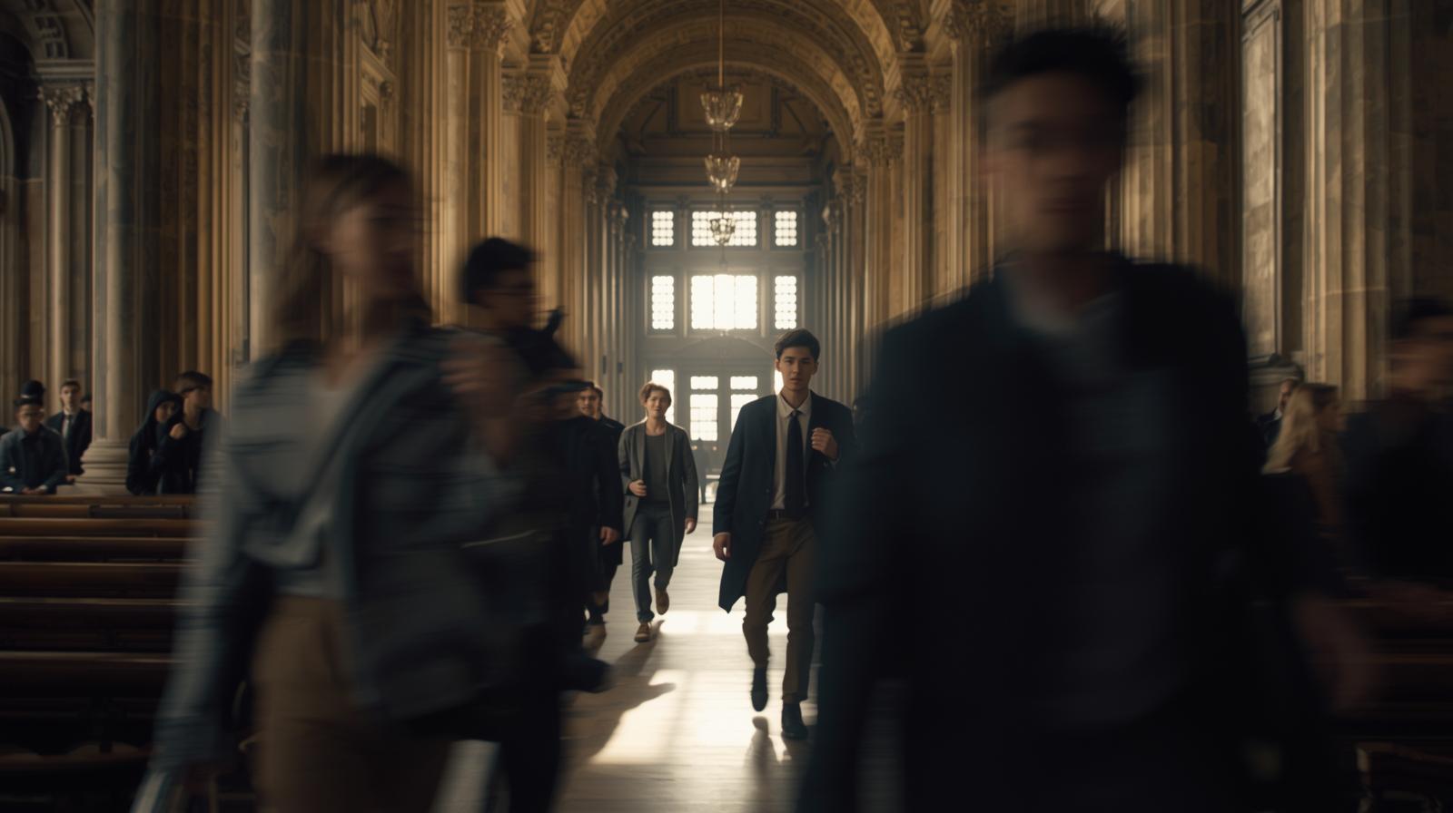 A cinematic, slightly blurred photograph of students walking through a grand, high-ceilinged hallway with ornate classical architecture and stone pillars. In the center, one male student in a dark coat, white shirt, and tie is in sharp focus, walking toward the camera. Other students around him are depicted as motion-blurred figures, suggesting a busy, fast-paced academic environment. Warm light streams in from large windows at the far end of the hall.