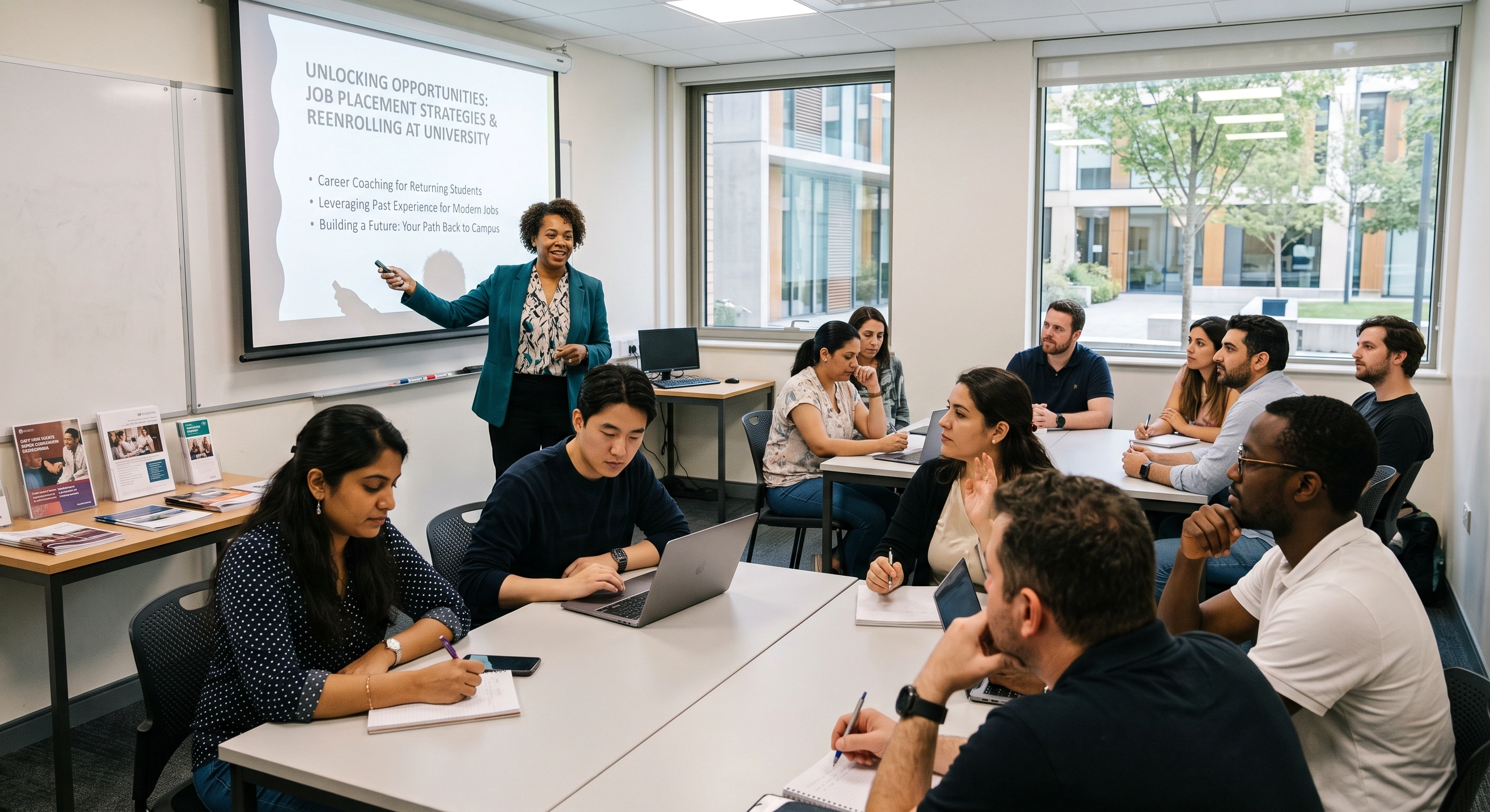 An instructor in a teal blazer points to a projection screen presenting a slide titled "Unlocking Opportunities: Job Placement Strategies & Reenrolling at University" in a classroom setting. Slide bullet points highlight career coaching, leveraging past experience, and paths back to campus. A diverse group of adult students sits around tables, listening, taking notes, and working on laptops.