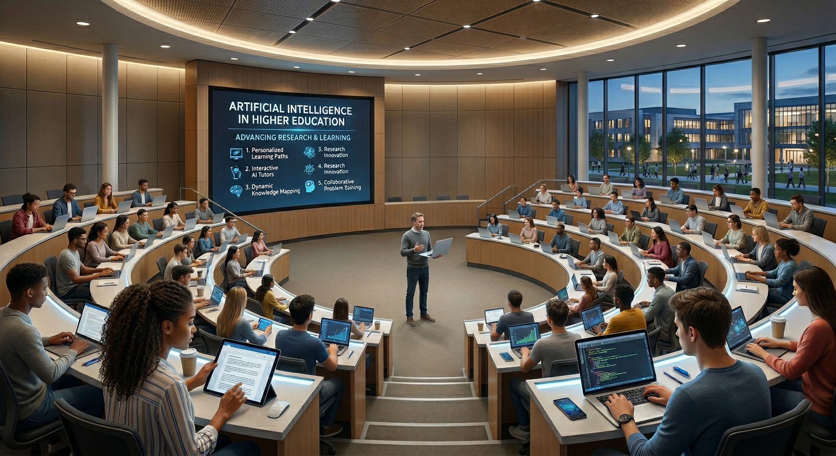 A wide-angle digital illustration of a modern, circular university lecture hall. A male instructor stands in the center of the room holding a laptop, while a large digital screen behind him displays the title "Artificial Intelligence in Higher Education: Advancing Research & Learning" with a list of five key points. Students sit in tiered, curved rows of desks, many using laptops and tablets that show graphs and code. The room features warm wood paneling and large windows on the right showing a campus at twilight.