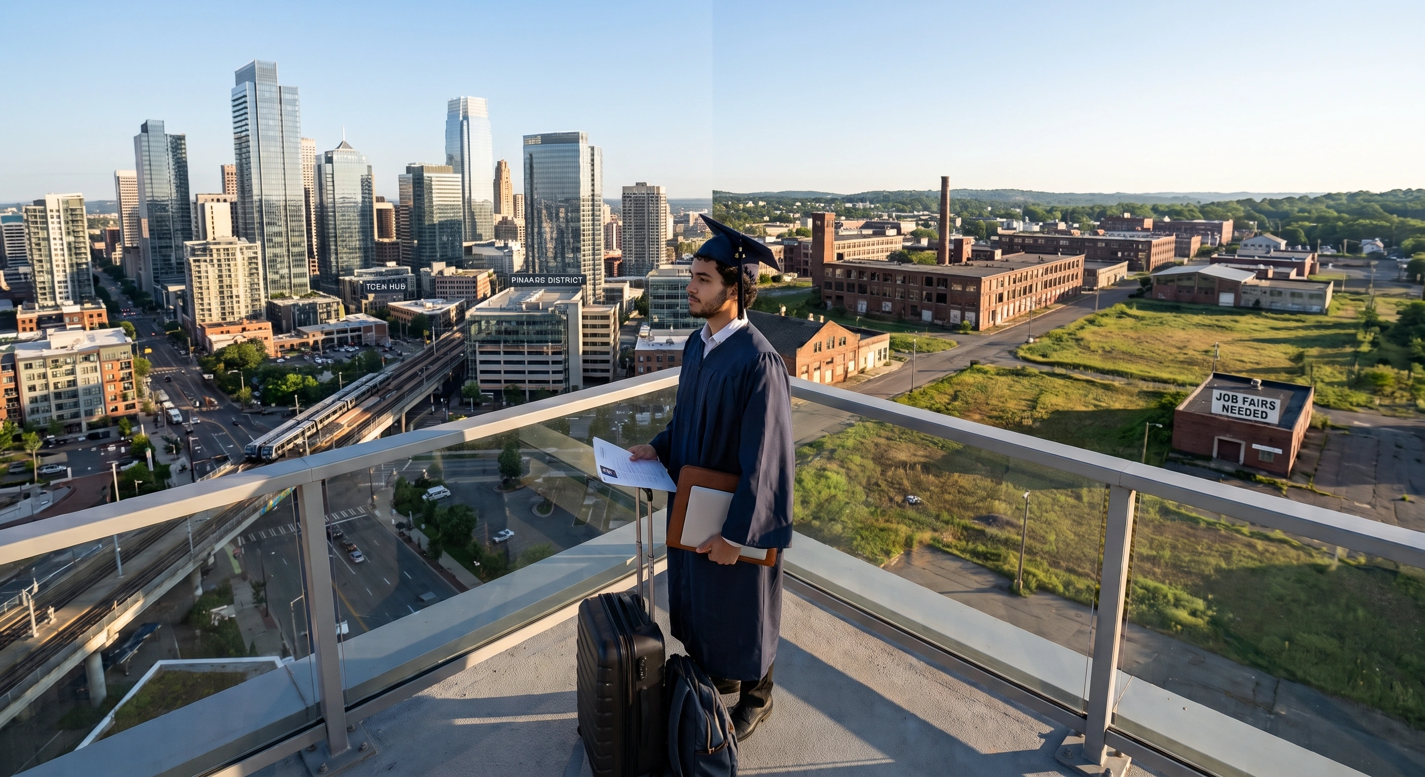 A composite photograph of a young man in a navy graduation cap and gown standing on a glass-railed balcony with a rolling suitcase, backpack, and laptop. The background is divided between a modern downtown skyline filled with high-rise skyscrapers on the left and an open industrial area on the right, featuring older brick factories and a building with "JOB FAIRS NEEDED" painted on the roof.