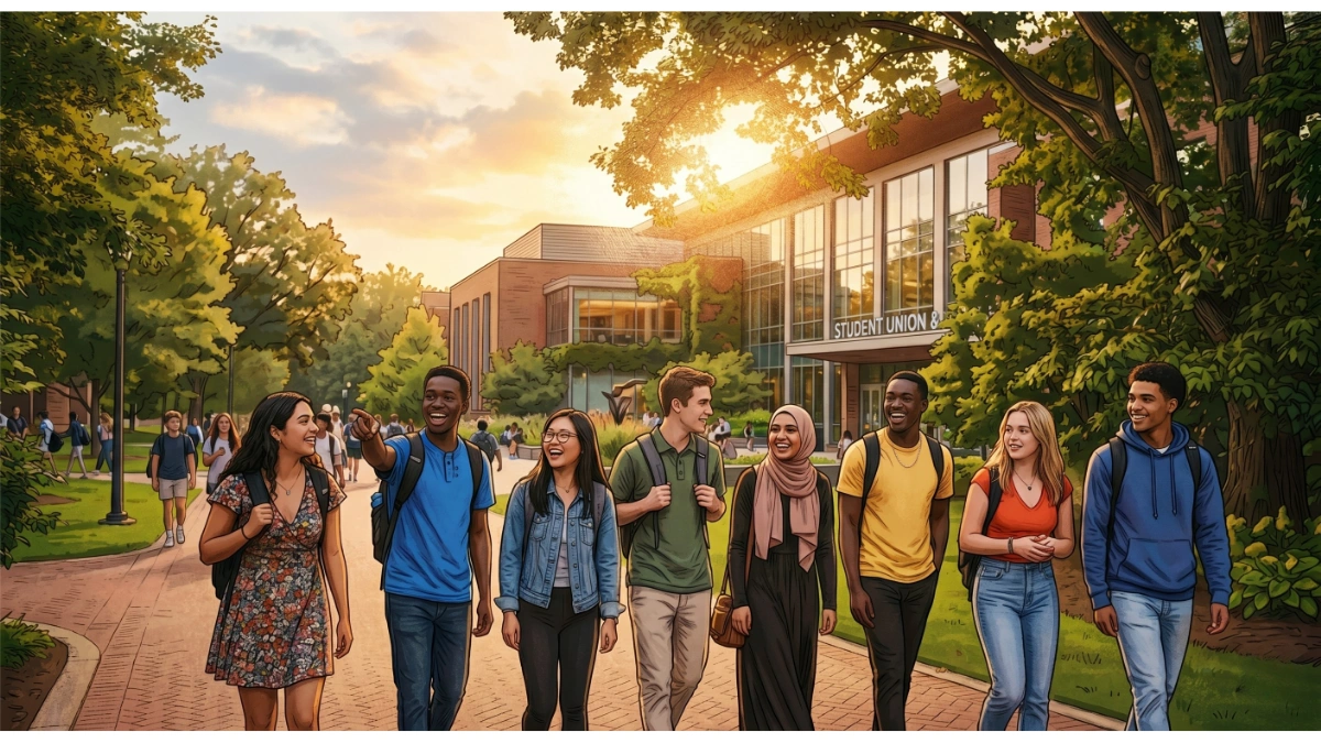 A diverse group of eight university students walking and talking together on a sunlit campus pathway in front of a modern student union building.