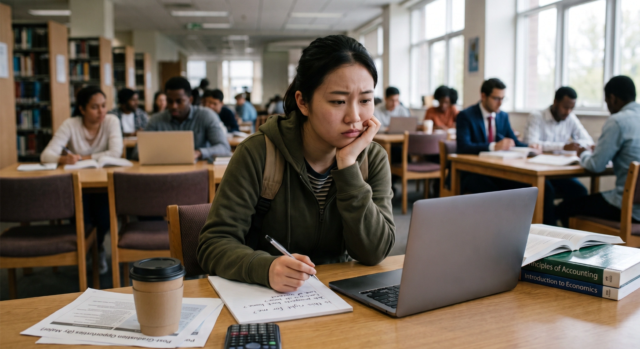 An Asian female college student sitting at a library table, resting her head on her hand with a stressed expression while looking at a laptop. Her desk holds textbooks for Accounting and Economics, a coffee cup, a calculator, and handwritten notes asking questions about career options.