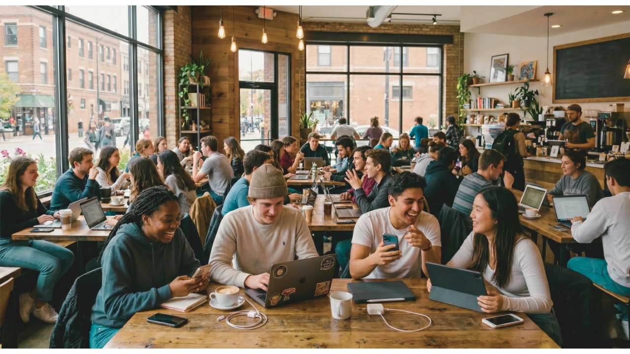 A bustling, modern coffee shop filled with college students networking and working on laptops, iPads, and smartphones. In the foreground, a diverse group of students sits at a rustic wooden table, laughing and engaging with their devices and each other. The background features a crowded cafe with brick walls, industrial hanging lights, large windows showing a city street, and a blank chalkboard menu behind the counter where a barista stands.