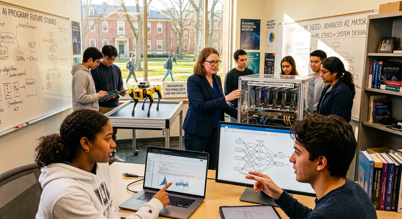 A university classroom or lab with students and a professor, where diverse students engage with laptops, whiteboards displaying AI and machine learning concepts, and various technology like a robot dog and a deep learning workstation, illustrating a forward-thinking "AI Program: Future Studies" and the integration of advanced technology in a modern academic curriculum.