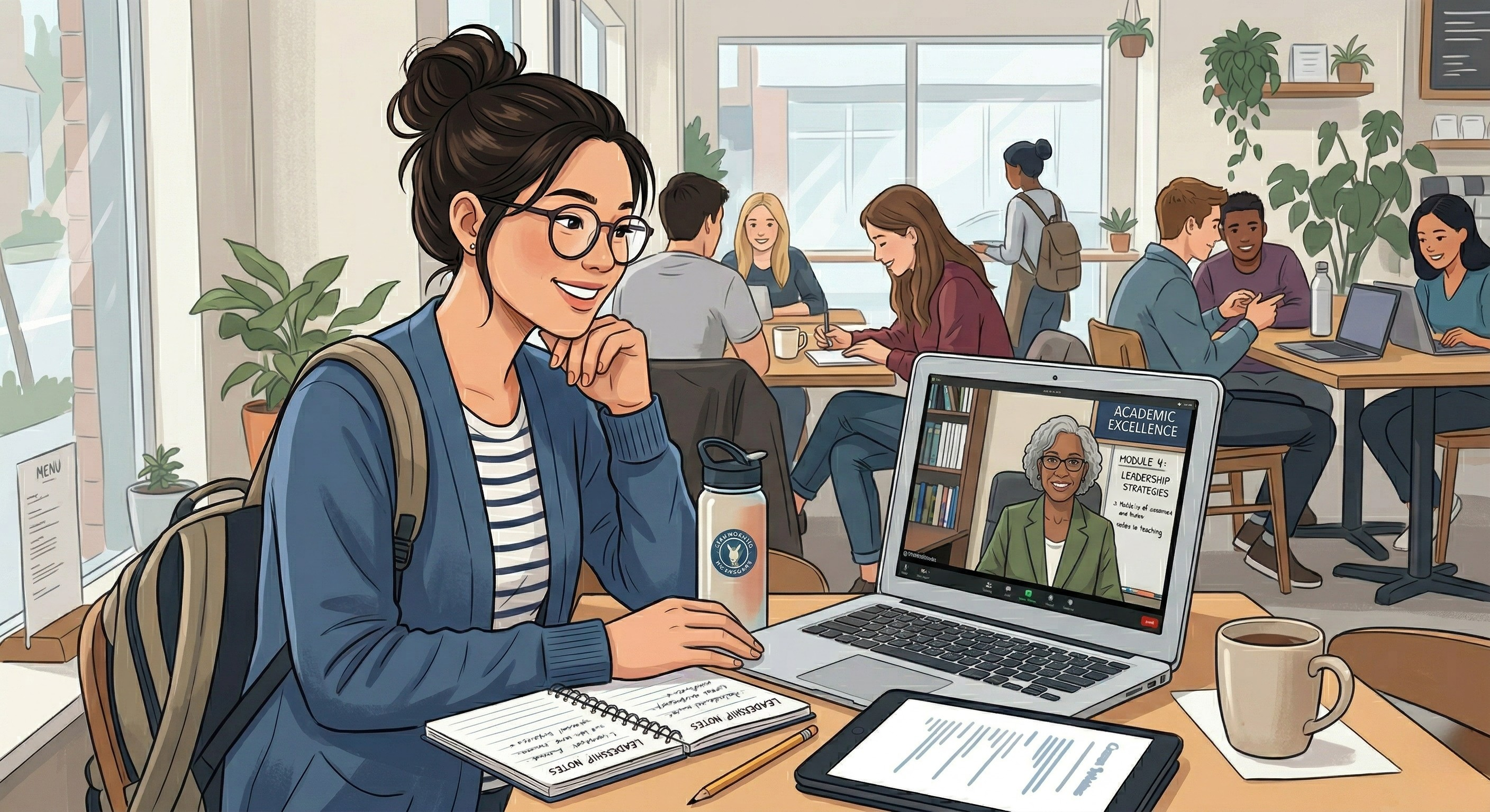 A young woman with a bun and glasses smiles as she sits in a cafe, looking at a laptop screen where an online professor is giving a presentation titled 'ACADEMIC EXCELLENCE' with a module on leadership.
