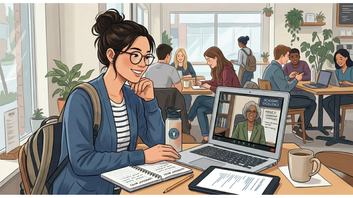 stylized illustration of a female student engaged in remote learning within a vibrant coffee shop.