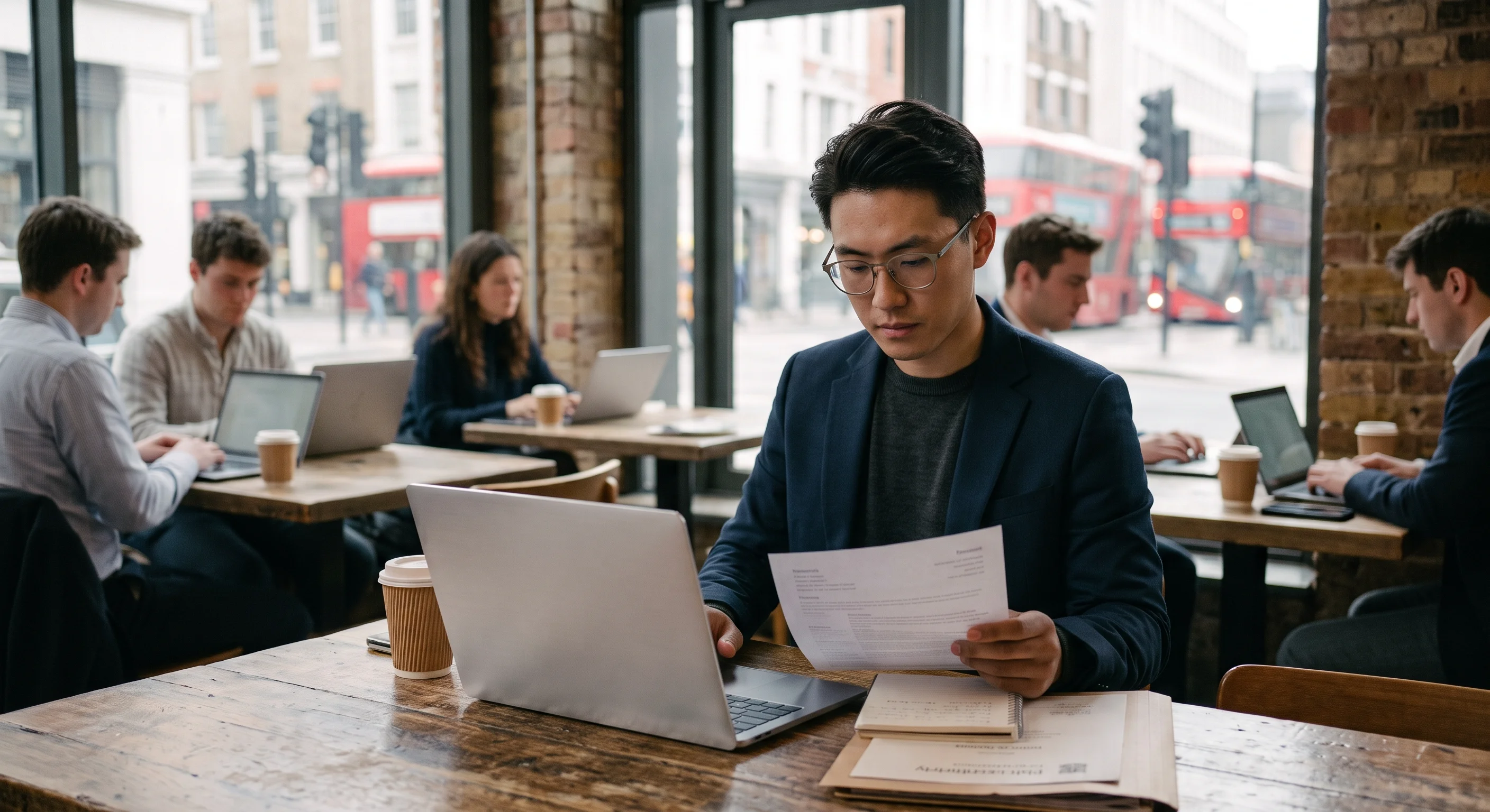 A young man wearing glasses and a blazer reviews a document at a wooden table in a busy café while working on a laptop. Other patrons are seated in the background with their laptops near large windows.