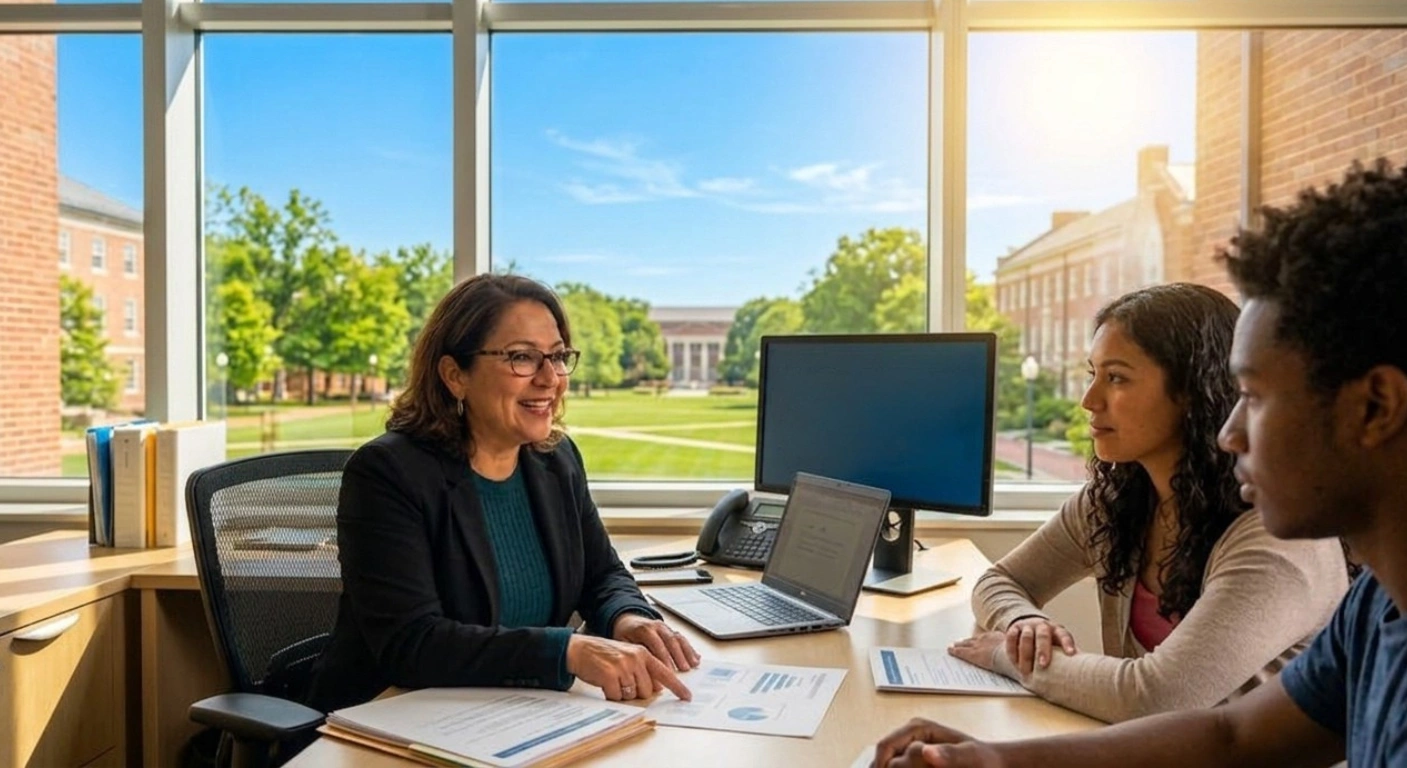 A smiling female advisor wearing a blazer and glasses points to documents on a desk while speaking with a young man and woman. A computer monitor and laptop sit on the desk, and large windows behind them reveal a bright, sunny view of green campus trees and university buildings.