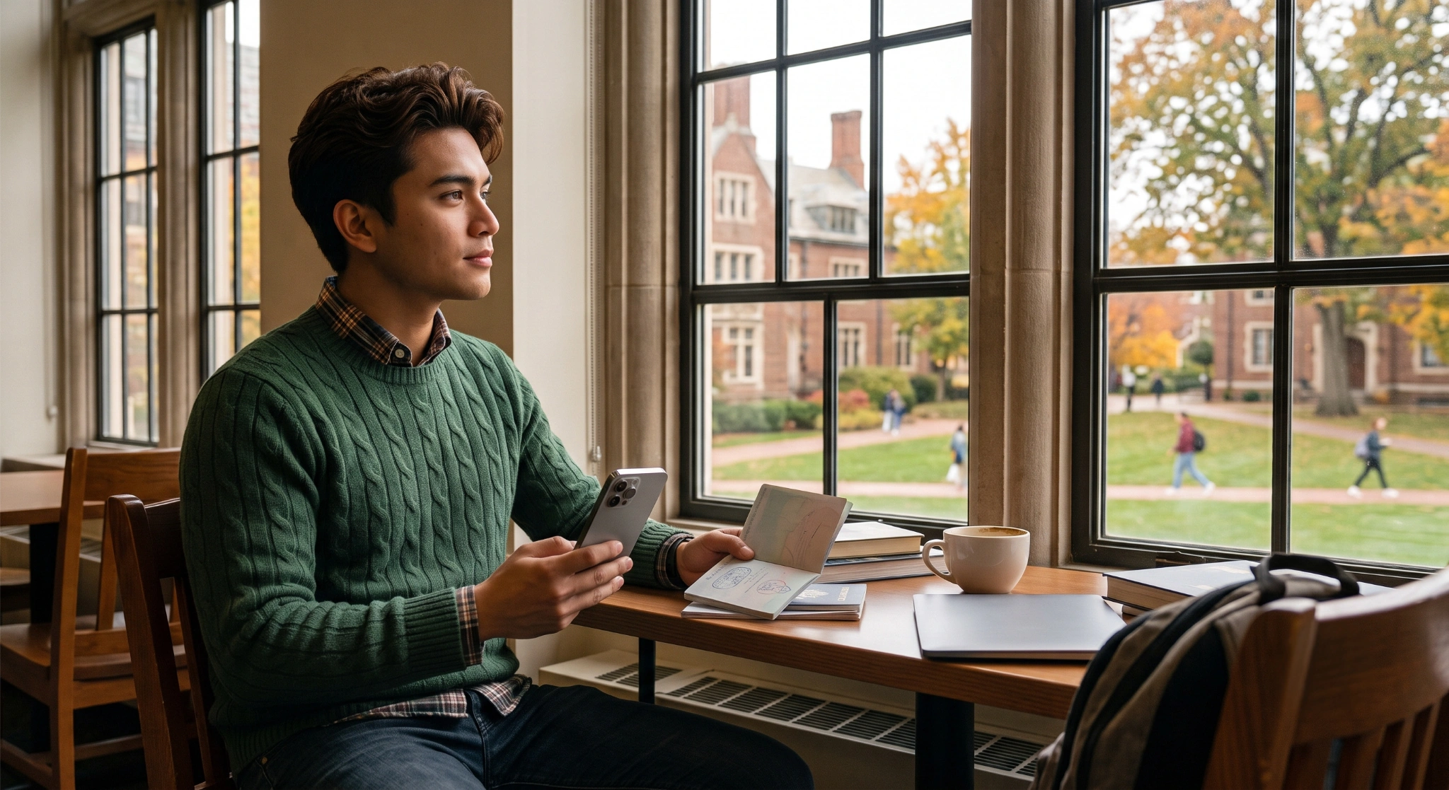 A young man in a green cable-knit sweater sits at a wooden desk by a large window overlooking a brick college campus during autumn. He holds a smartphone in one hand and an open passport with stamps in the other while looking thoughtfully into the distance. On the desk are a laptop, a coffee mug, and a stack of books.