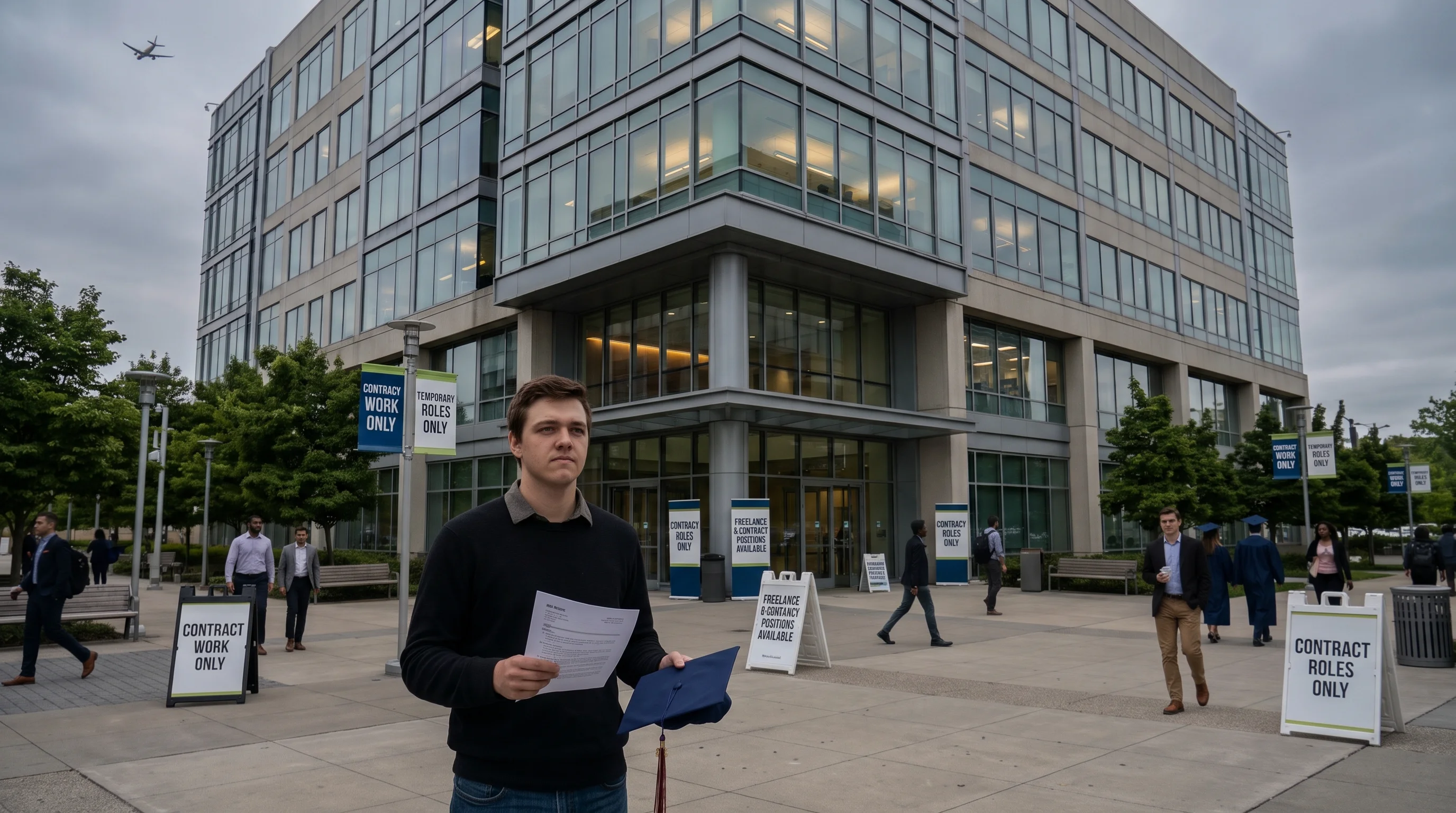 Extended Description: A young man stands in a corporate plaza holding a printed resume in one hand and a navy blue mortarboard cap in the other, wearing an uncertain expression. The multi-story glass office building behind him is flanked by sidewalk sandwich boards and light-pole banners displaying messages like "Contract Work Only," "Temporary Roles Only," and "Freelance & Contract Positions Available". Other job seekers and graduating students walk across the plaza in the background.