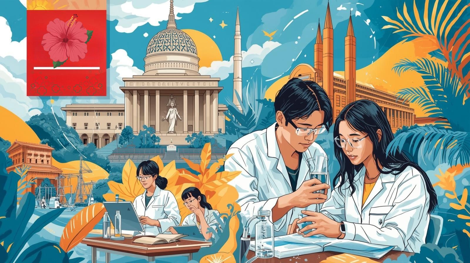 A vibrant, stylized illustration of students working in a laboratory setting. In the foreground, a young man and woman in white lab coats are focused on an experiment with glassware. In the midground, other students work at laptops and lab benches. The background features a large domed university building and traditional spires under a bright sky with yellow and blue tones. A red square in the top left corner contains a pink hibiscus flower, and lush tropical foliage frames the scene.