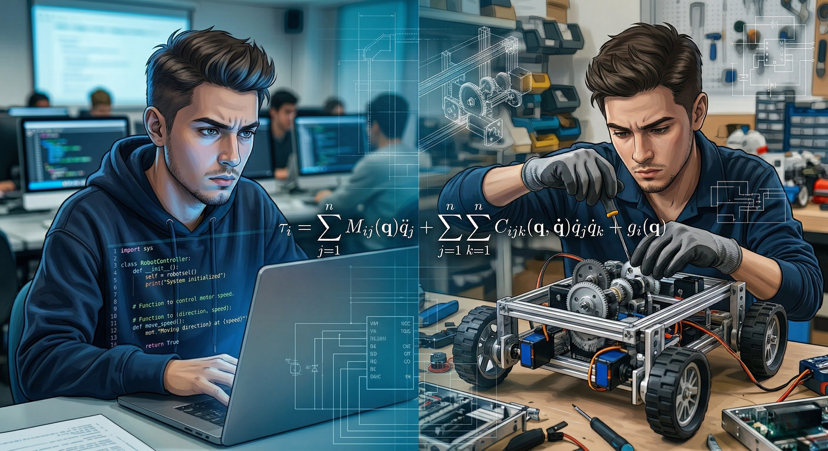 A split-screen digital illustration depicting the two sides of robotics engineering. On the left, a young man in a blue hoodie sits in a computer lab, intensely focused on a laptop screen that shows Python code for a "RobotController." Digital overlays of circuit diagrams and a mathematical equation for robot dynamics