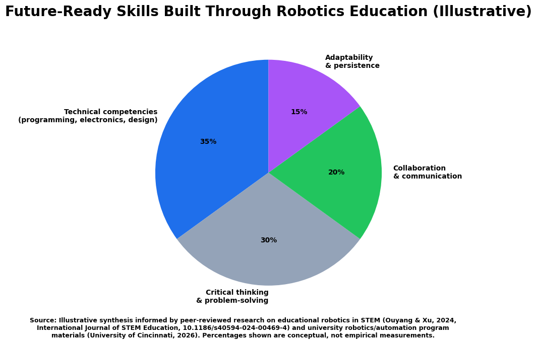 alt="Pie chart showing how robotics programs support graduate outcomes in higher education. Segments represent key impact areas including job readiness, technical skill development, research innovation, interdisciplinary collaboration, and industry partnerships. The largest portion highlights career preparation, followed by hands-on technical training and research opportunities, with smaller shares for collaboration and employer engagement."