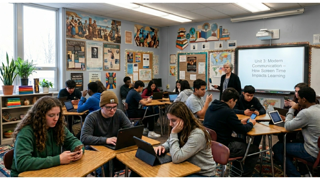 A high school classroom scene where a female teacher stands by a digital whiteboard displaying "Unit 3: Modern Communication – How Screen Time Impacts Learning." The classroom is filled with teenagers sitting at wooden desks, but every single student is disengaged from the teacher, staring down intently at individual laptops, tablets, or smartphones. The atmosphere feels disconnected and isolated despite the crowded room.