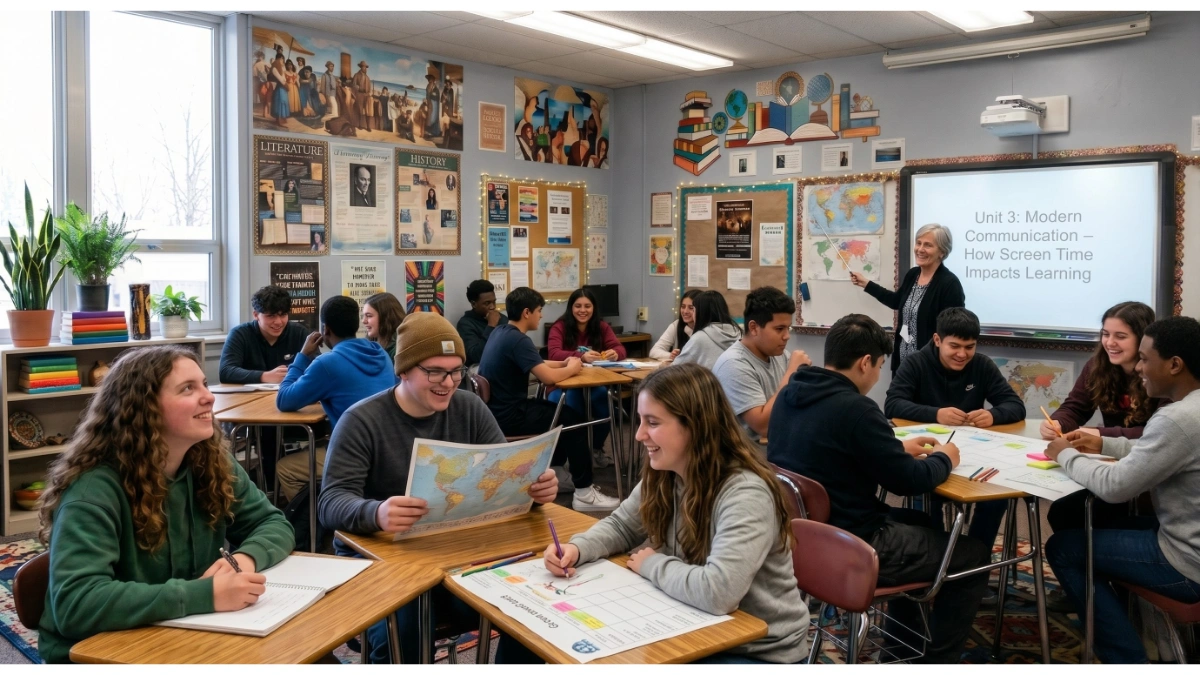 The same high school classroom and teacher, but the dynamic has shifted completely. The digital whiteboard still displays the lesson on screen time, but all electronic devices have been put away. Students are now smiling, talking, and collaborating in groups using physical maps, notebooks, and poster paper. The teacher smiles as she points to a world map on the wall, capturing a lively and engaged learning environment.