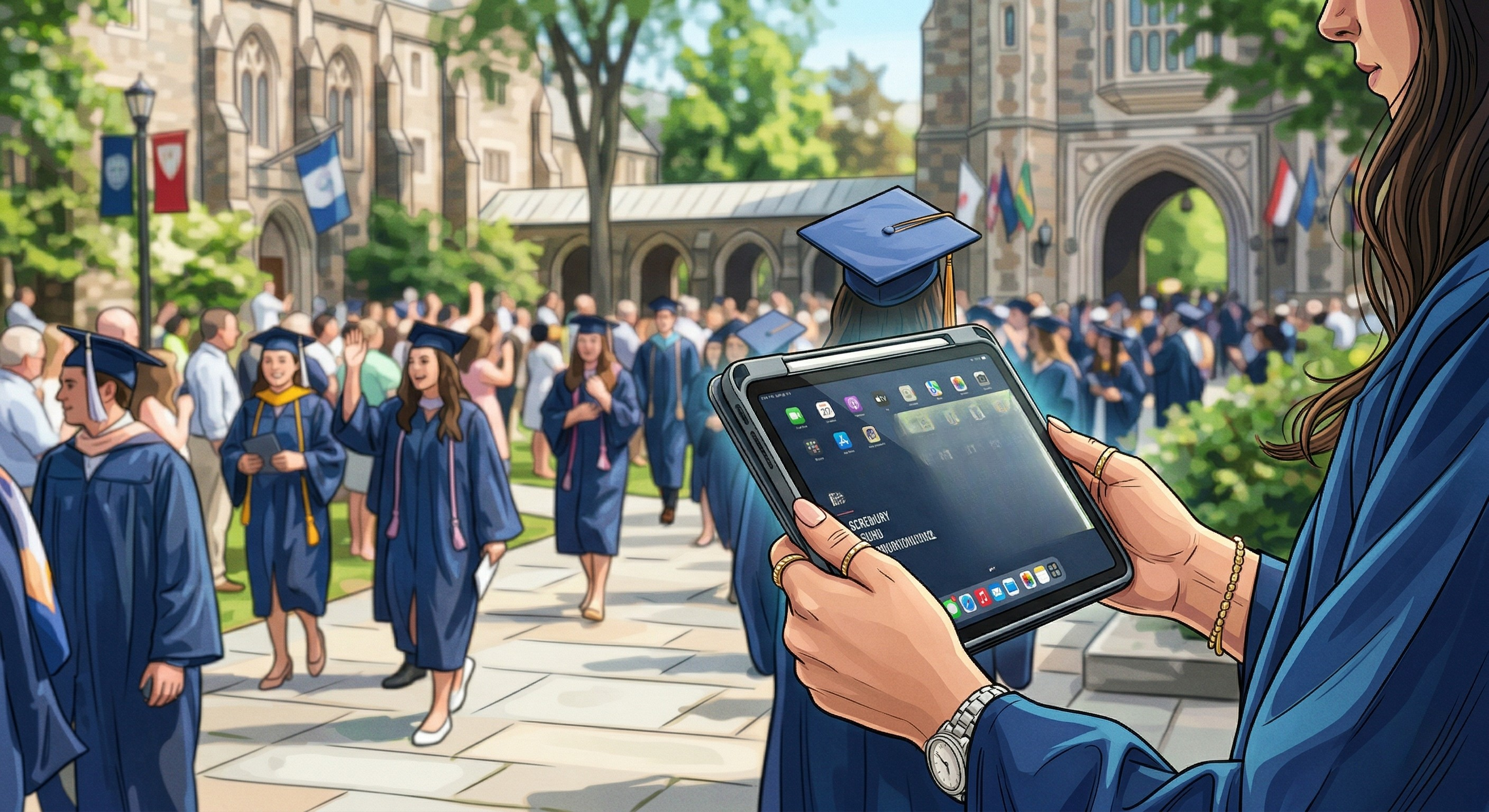 An illustration of a graduation ceremony on a sunlit university campus with stone gothic-style buildings. In the foreground, a close-up shows a graduate in a blue gown holding a tablet that displays various app icons and text. In the background, a crowd of graduates in blue caps and gowns walk across a stone courtyard, some waving and celebrating.