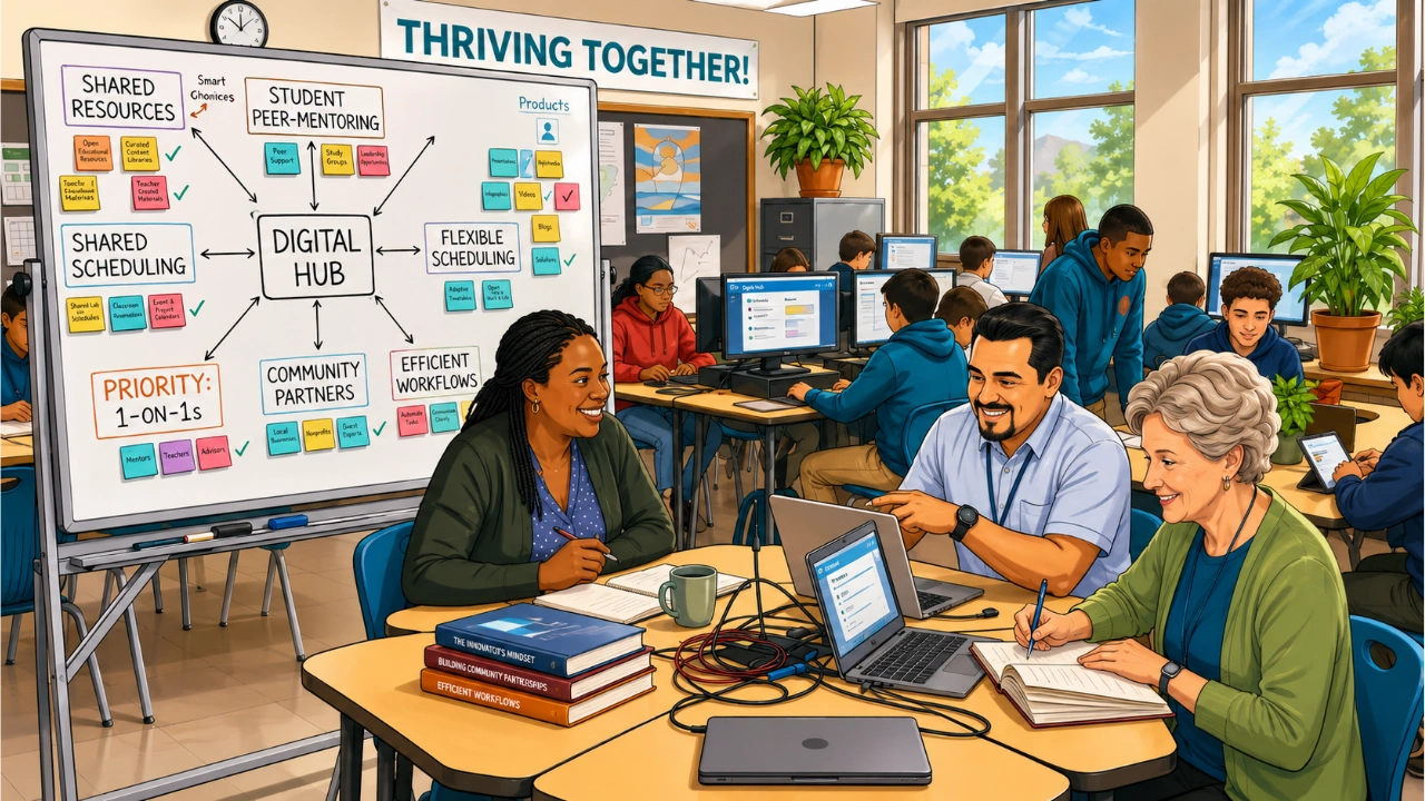 An illustration of a vibrant, collaborative classroom or community digital hub. An adult and a senior woman talk with a teacher at a desk with laptops, while students work at computer stations in the background. A large whiteboard displays a mind map centered around a "Digital Hub."