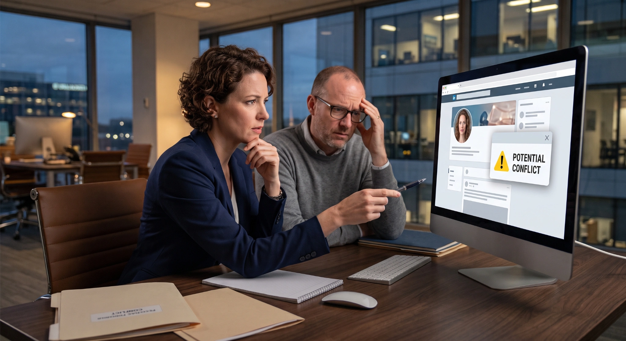 A man and woman sitting at an office desk looking attentively at a desktop computer monitor. The man points a pen toward the screen, which shows a candidate profile overlaid with a pop-up window reading "POTENTIAL CONFLICT" alongside a yellow warning triangle icon.