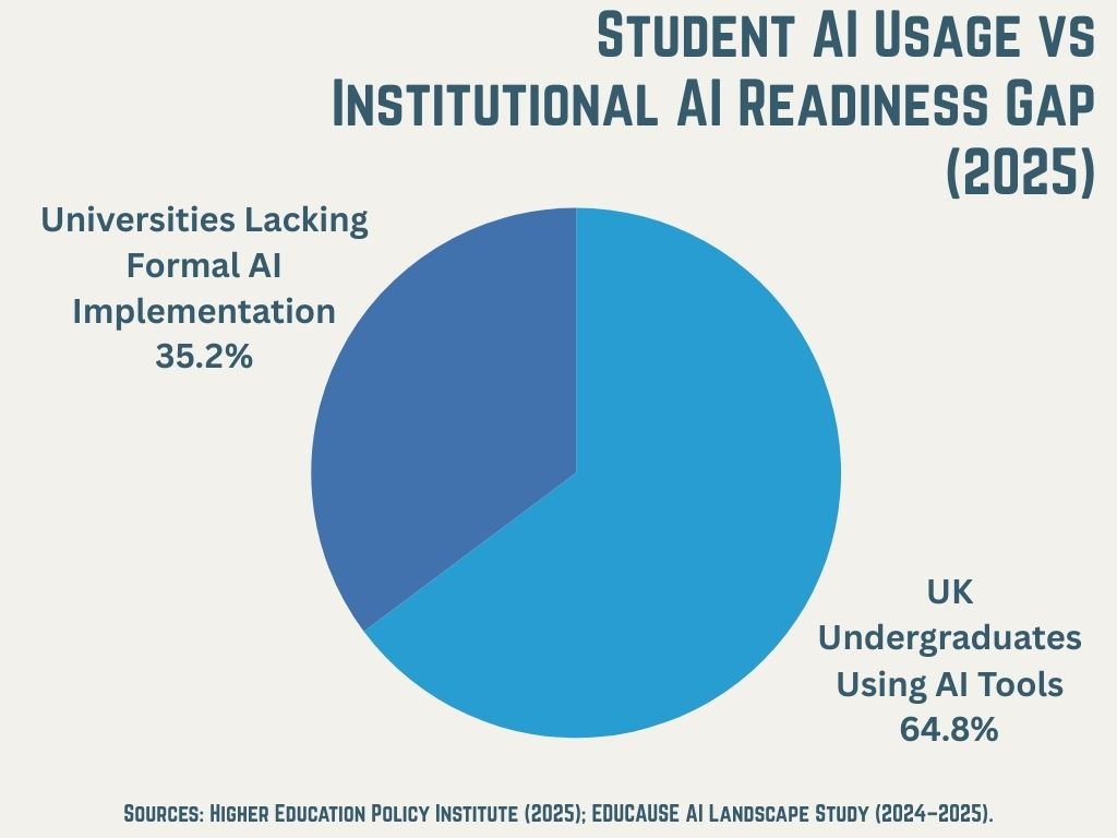 A pie chart titled "Student AI Usage vs Institutional AI Readiness Gap (2025)." The chart is divided into two segments: a larger light blue section representing "UK Undergraduates Using AI Tools" at 64.8%, and a smaller dark blue section representing "Universities Lacking Formal AI Implementation" at 35.2%. The data sources listed at the bottom are the Higher Education Policy Institute (2025) and the EDUCAUSE AI Landscape Study (2024–2025).