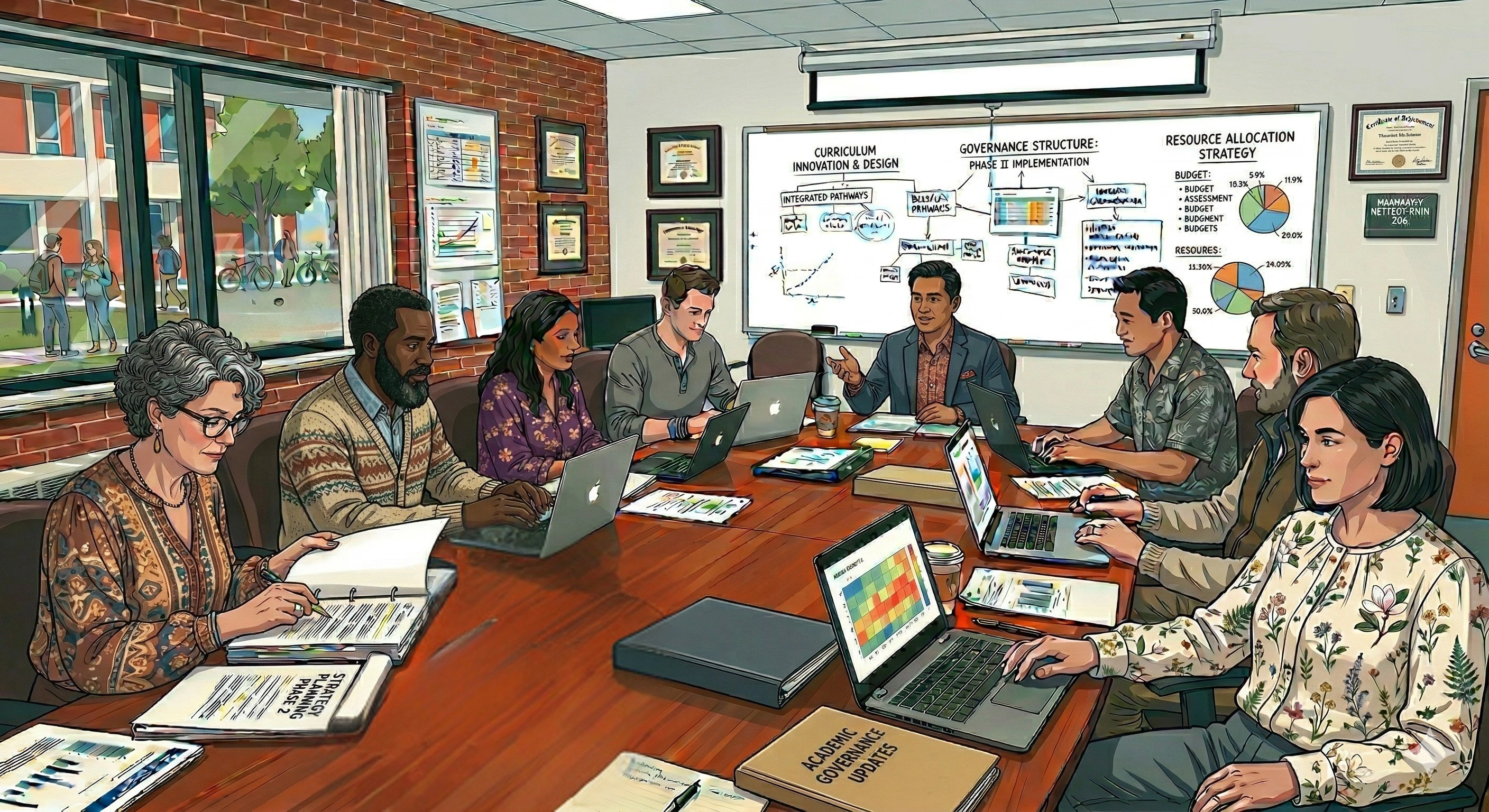 Illustration of a university meeting in a conference room where eight faculty and staff members are seated around a large wooden table using laptops, notebooks, and printed reports. A presenter at the front gestures toward a whiteboard filled with curriculum planning diagrams, implementation timelines, governance structure notes, and resource allocation charts, including pie charts and graphs. Large windows overlook a campus walkway with students outside. Framed certificates hang on the walls, and binders labeled with academic planning materials rest on the table. The scene represents collaborative planning for curriculum development, academic governance, and institutional strategy.