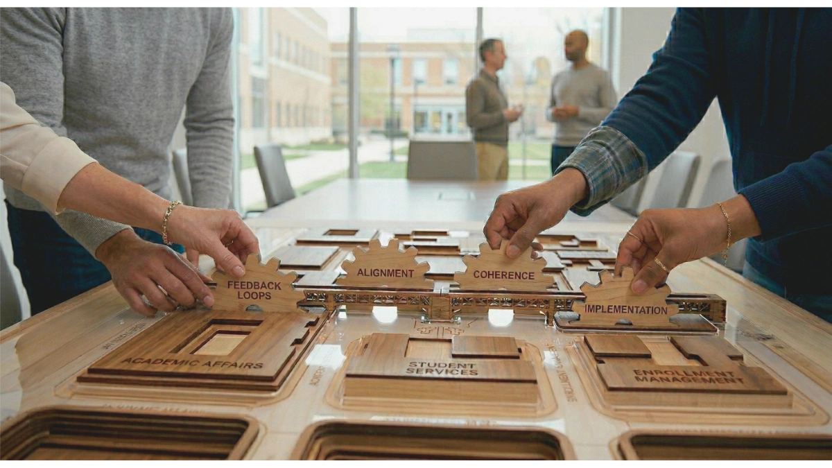 An overhead, close-up shot shows the hands of three people collaboratively assembling a wooden 3D model on a table in a bright, modern office or campus setting.