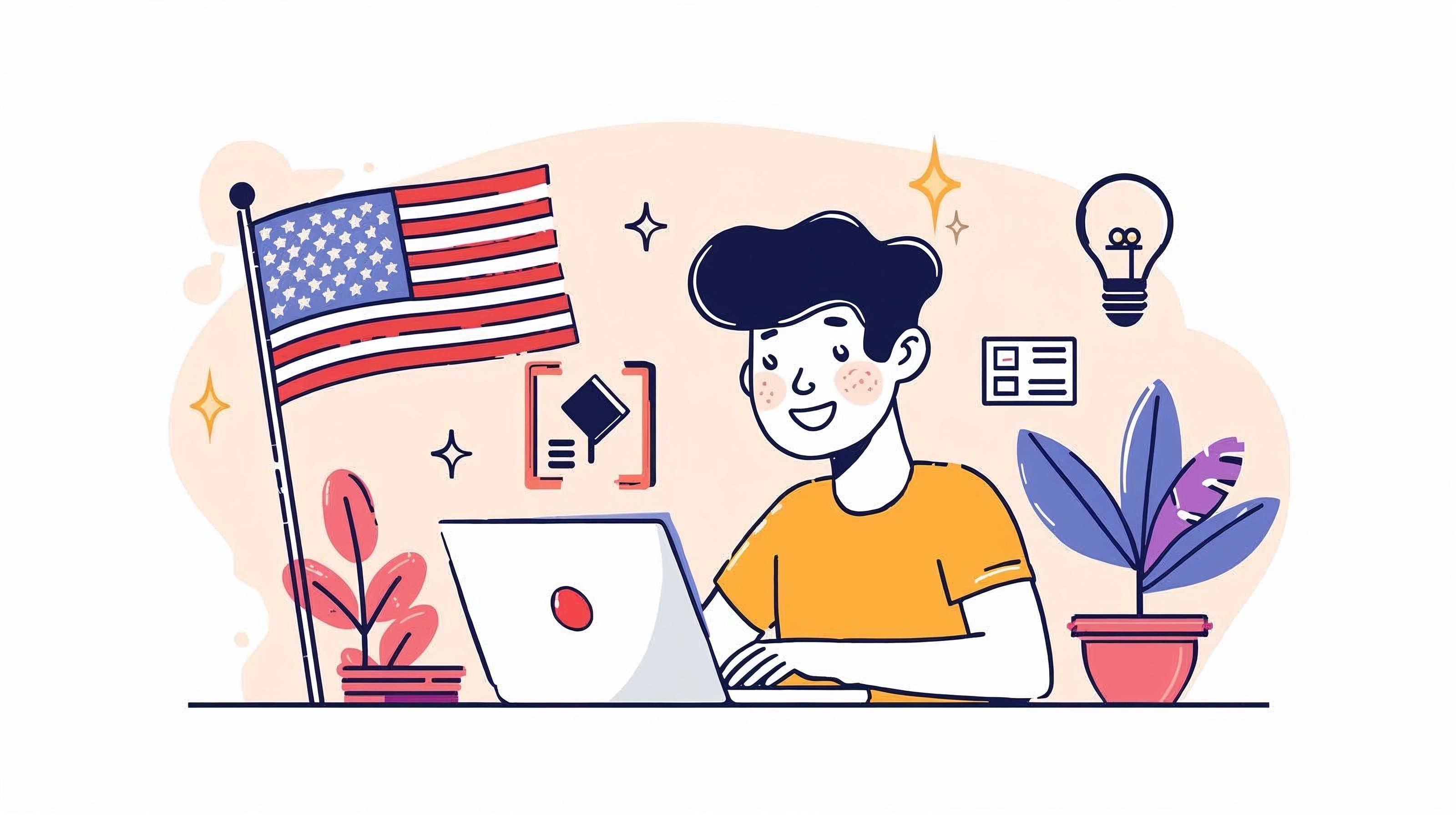 A colorful, flat-design illustration of a smiling student sitting at a desk and typing on a laptop. To the left is a large American flag, and floating icons around the student include a lightbulb representing ideas, a book icon, and decorative stars and plants. The image conveys a positive theme of international education and academic work in the United States.