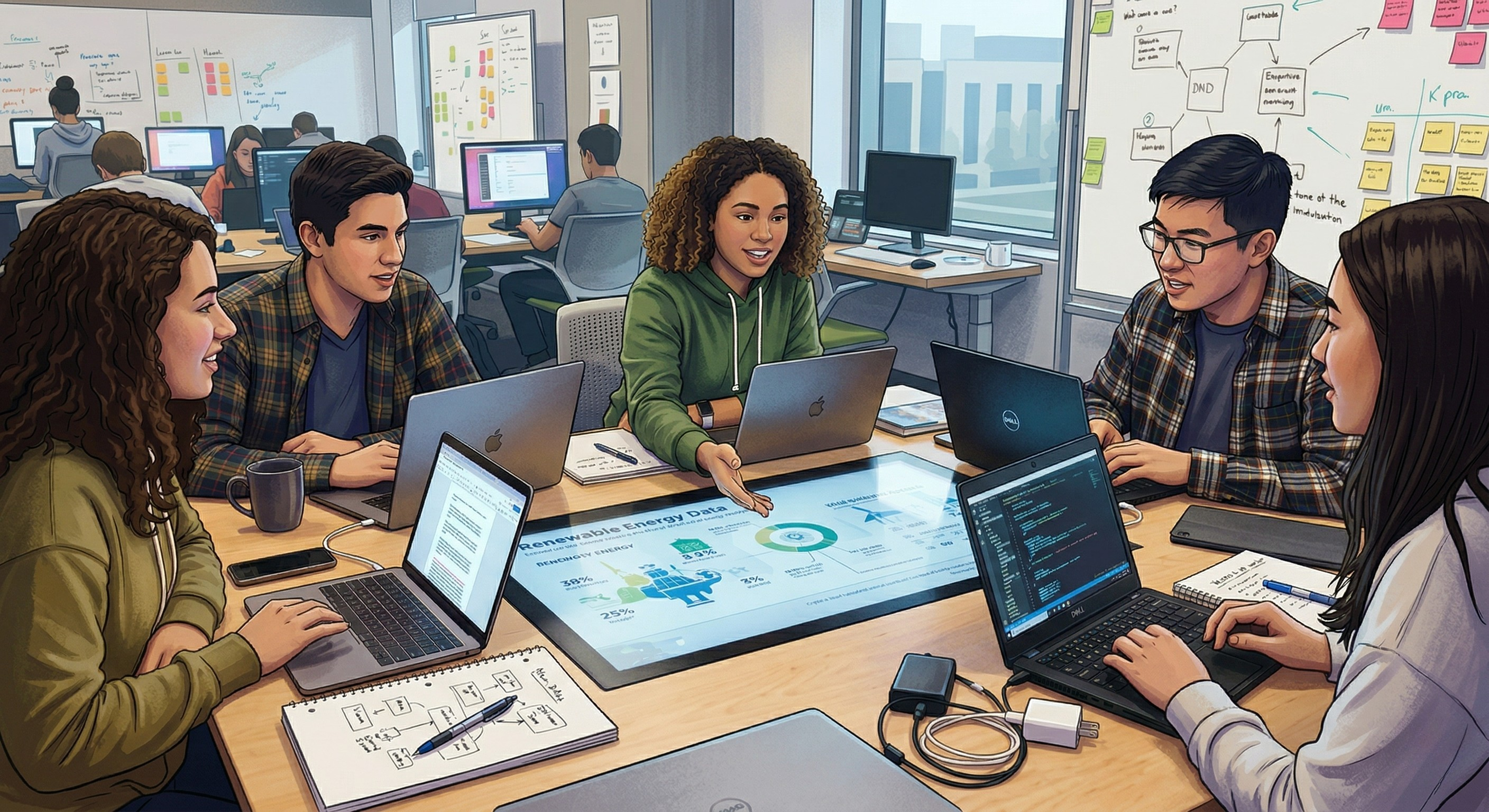 Several students are also using laptops and taking notes in physical notebooks. In the background, other students work at individual computer stations, and a large whiteboard is covered with sticky notes and complex flowcharts. The atmosphere is academic and high-tech, emphasizing teamwork and digital integration.
