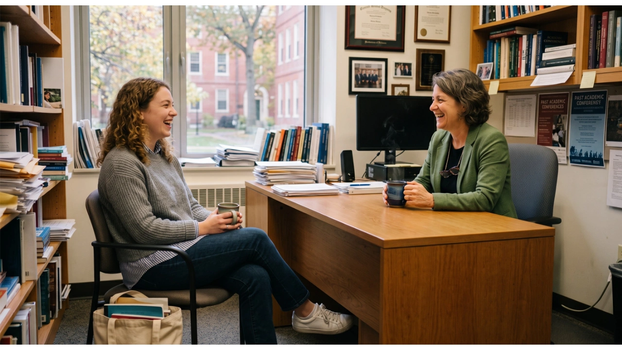 Student meets with a faculty advisor in a campus office. Both are smiling and talking across a desk while holding coffee mugs. Bookshelves, framed diplomas, and academic materials fill the office, creating a welcoming advising environment.