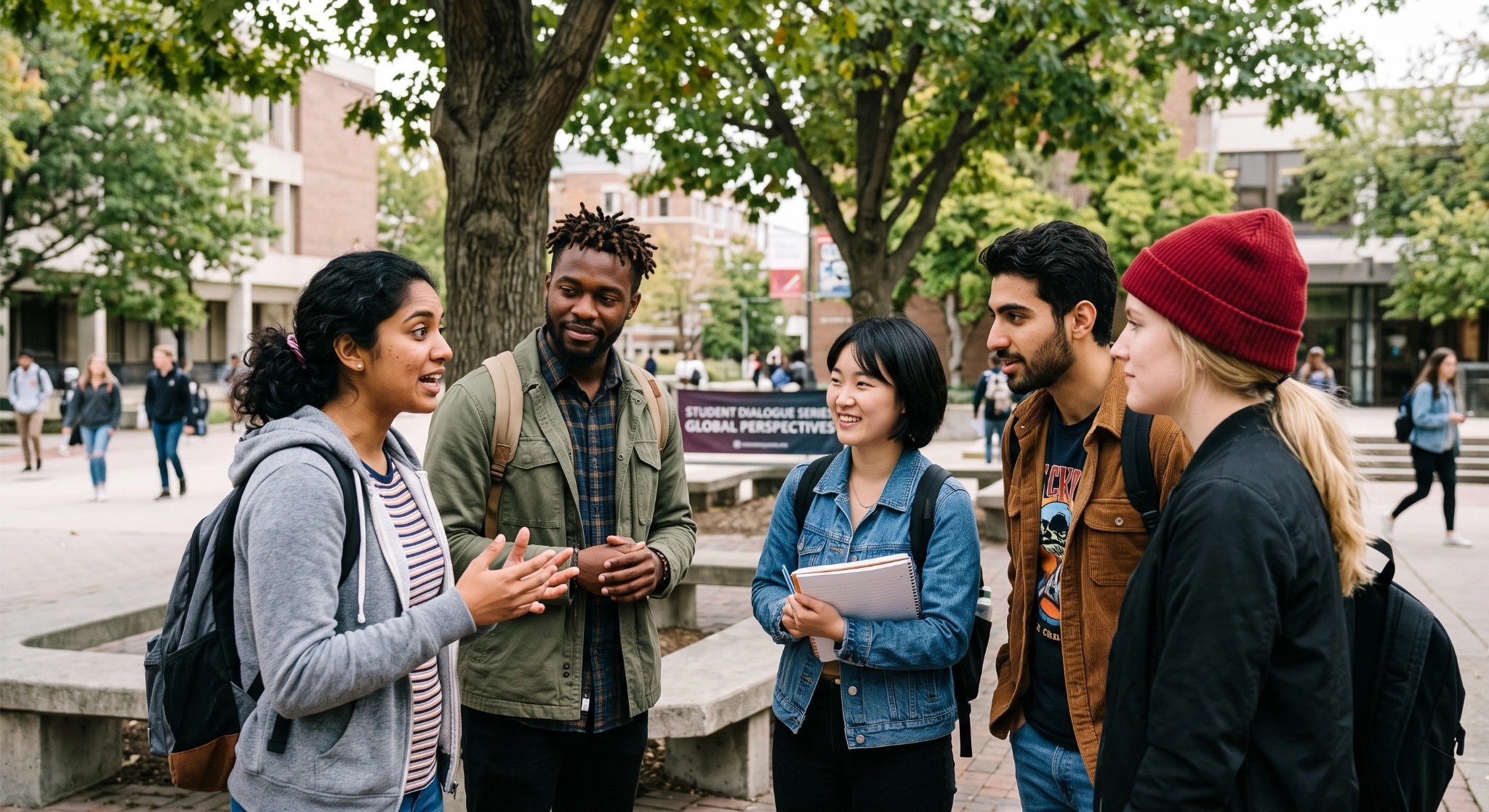 "Five university students of diverse backgrounds stand in a circle outside on a paved campus walkway. A young woman on the left with dark hair gestures with her hands while speaking to the group, who listen attentively. In the background are campus trees, brick buildings, other students walking, and a banner that reads 'STUDENT DIALOGUE SERIES: GLOBAL PERSPECTIVES'."