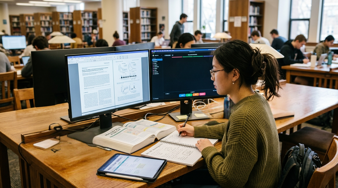 A student with glasses and a green sweater sits at a wooden desk in a busy university library, focused on her work. She is writing in a notebook with a pen while referencing two large computer monitors displaying academic papers and data. An open textbook, a tablet with a digital stylus, and a backpack are also on the desk. In the background, other students are visible working at tables and amidst rows of bookshelves.
