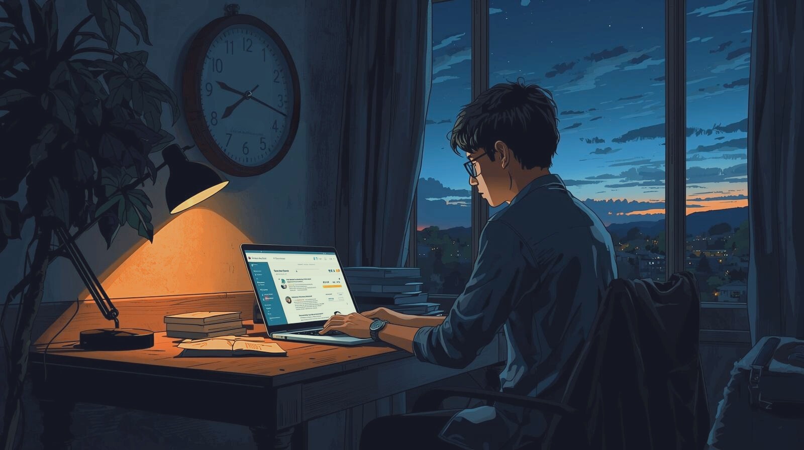 On the desk, a warm desk lamp casts a bright orange glow over an open book and the laptop. A large circular wall clock behind the person shows the time as 8:00 PM. The room is decorated with a leafy potted plant to the left and a stack of books, creating a quiet, focused atmosphere. The person is dressed in a blue button-down shirt and appears concentrated on the screen, which displays a website with various text and profile icons.