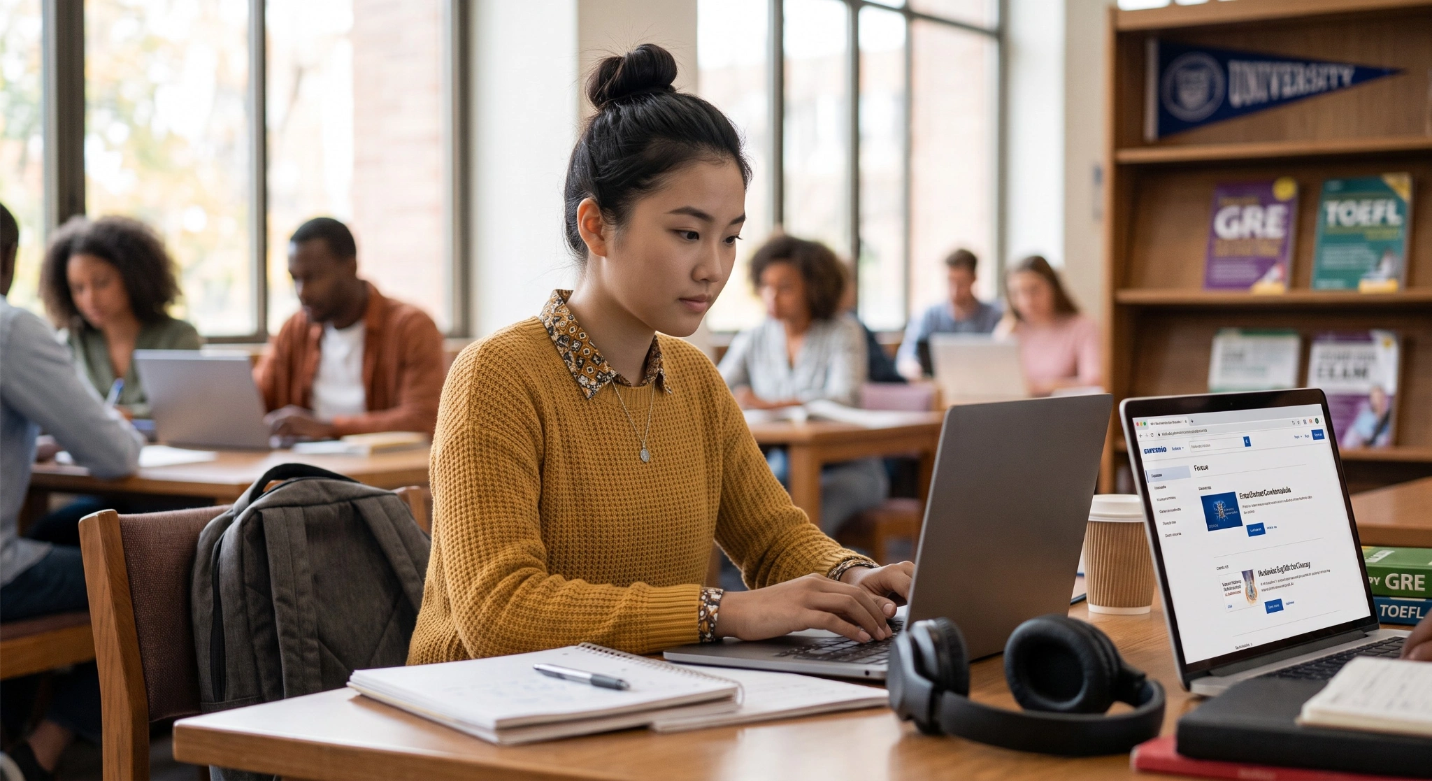 A young East Asian female student with her hair in a top bun, wearing a yellow sweater, typing on a laptop at a library table. Next to her laptop are headphones, an open notebook with a pen, and a coffee cup, with other students studying at tables in the background.
