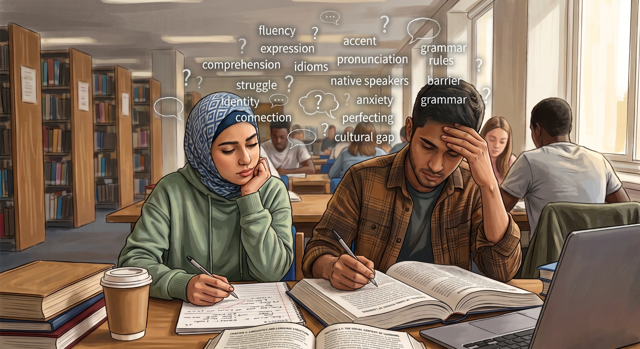 Two international students study together in a college library, looking overwhelmed as they review textbooks and take notes. Floating words and speech bubbles around them highlight common language-learning challenges such as grammar, pronunciation, fluency, idioms, accent, comprehension, anxiety, cultural gaps, and communication barriers.