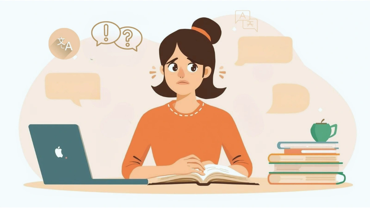 An illustration of a young woman with dark hair tied in a bun, wearing an orange long-sleeved shirt, sitting at a desk and looking confused or overwhelmed. In front of her is an open book, to her left is a dark blue laptop with an Apple-like logo, and to her right is a stack of four books with a green teacup on top. Floating in the background are various speech bubbles, an exclamation mark, a question mark, and a language translation icon, suggesting she is struggling with studying or learning a new language.