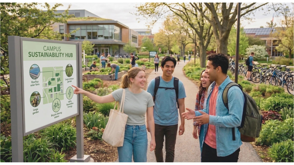 A group of four college students stands on a paved pathway on a sunny campus looking at a large sign labeled "Campus Sustainability Hub." A young woman with blonde hair, wearing a grey t-shirt and light jeans, points to a map on the sign, which highlights eco-friendly initiatives like a rooftop solar farm, large gardens, a bicycle sharing station, and 100% renewable energy. The other three students, carrying backpacks, listen and chat smilingly. In the background, there is a modern campus building with a green roof, community garden beds with people working in them, lush trees, and a row of parked bicycles.