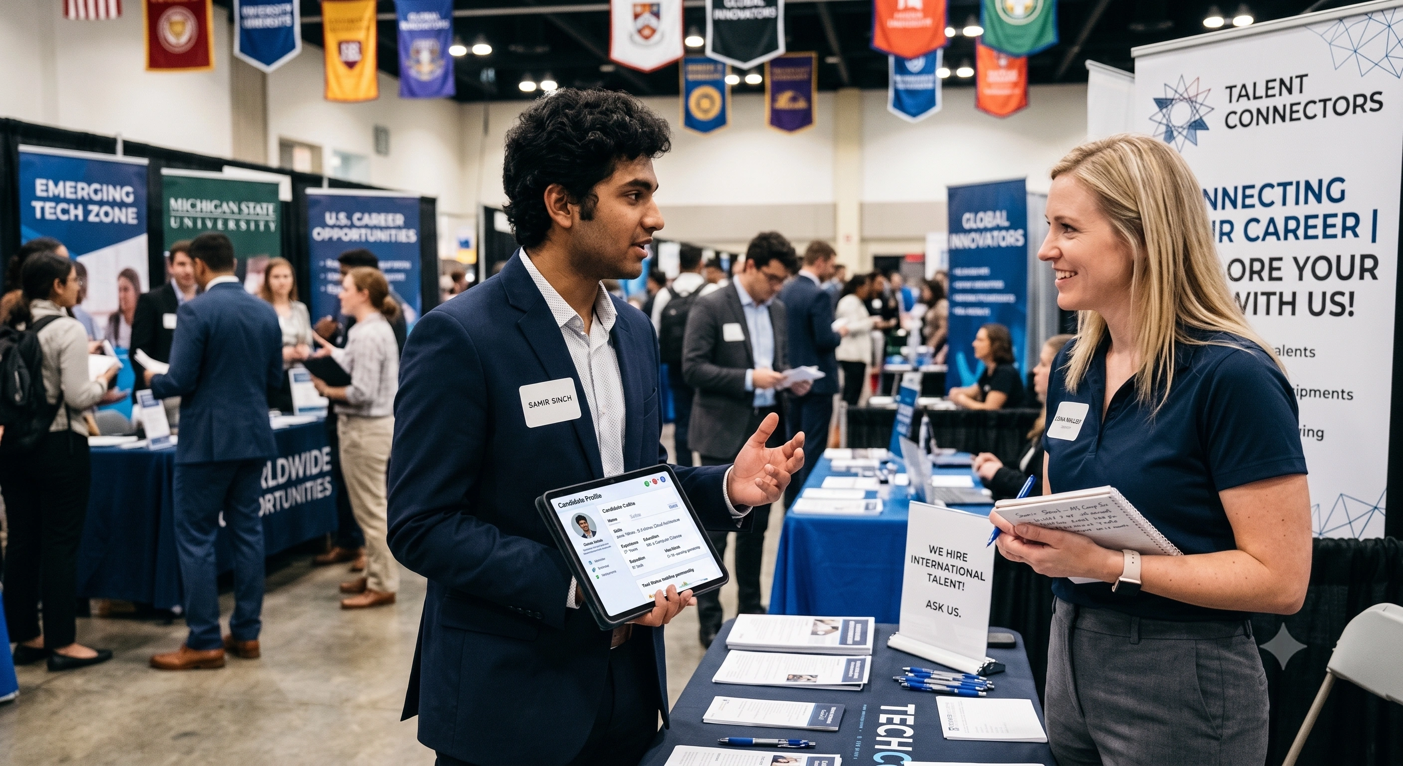 A young male job candidate wearing a suit jacket presents his digital profile on a tablet to a smiling female recruiter at a busy career fair. On the recruiter's booth table sits a sign that reads "WE HIRE INTERNATIONAL TALENT! ASK US," with corporate and university banners displayed in the background.