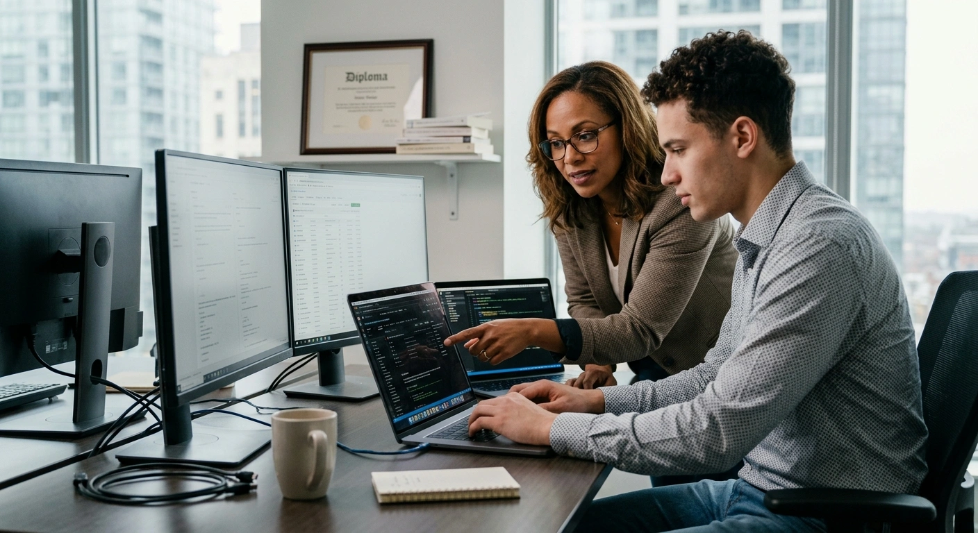 A woman in a blazer and glasses stands leaning over a seated man at a desk, pointing directly at code on his laptop screen while he types. The desk features two large external monitors, a coffee mug, and a notepad, with a framed diploma on the office wall in the background.